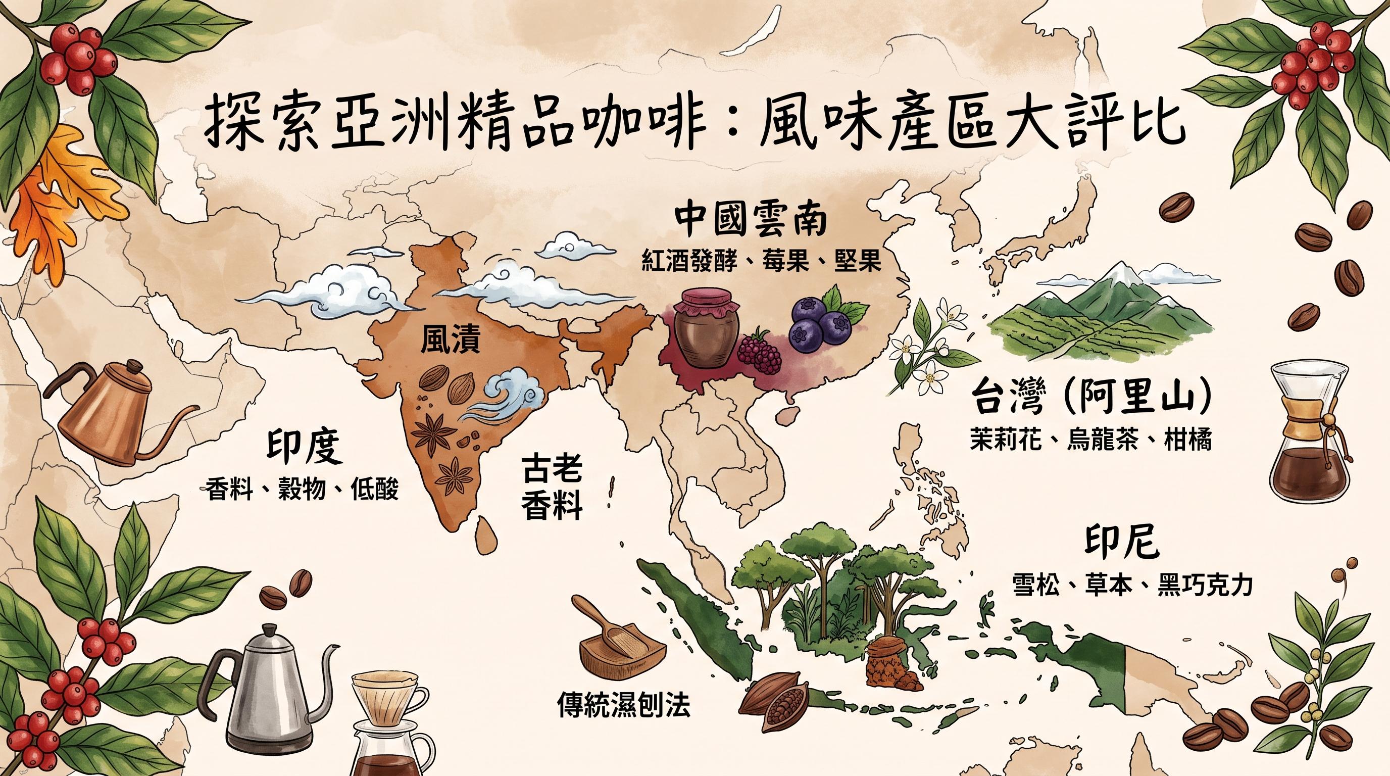 探索亞洲精品咖啡：從印尼曼特寧到台灣阿里山，各主要產區風味圖譜與選豆指南
