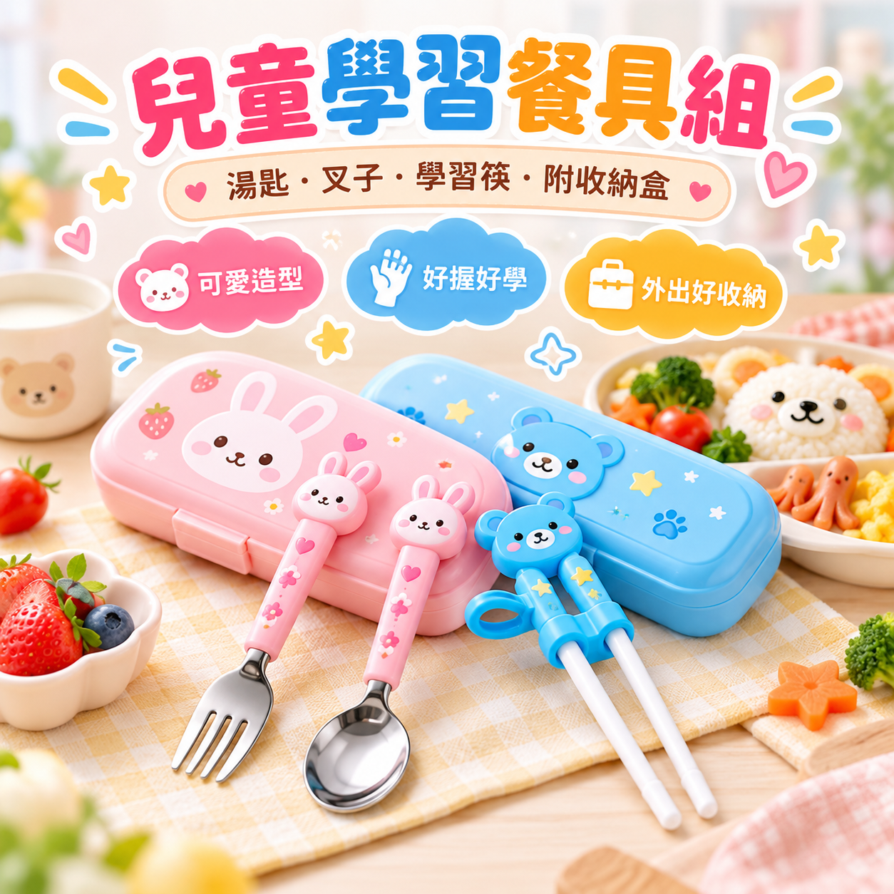 兒童學習餐具三件組｜湯匙＋叉子＋學習筷｜附收納盒｜自主進食訓練