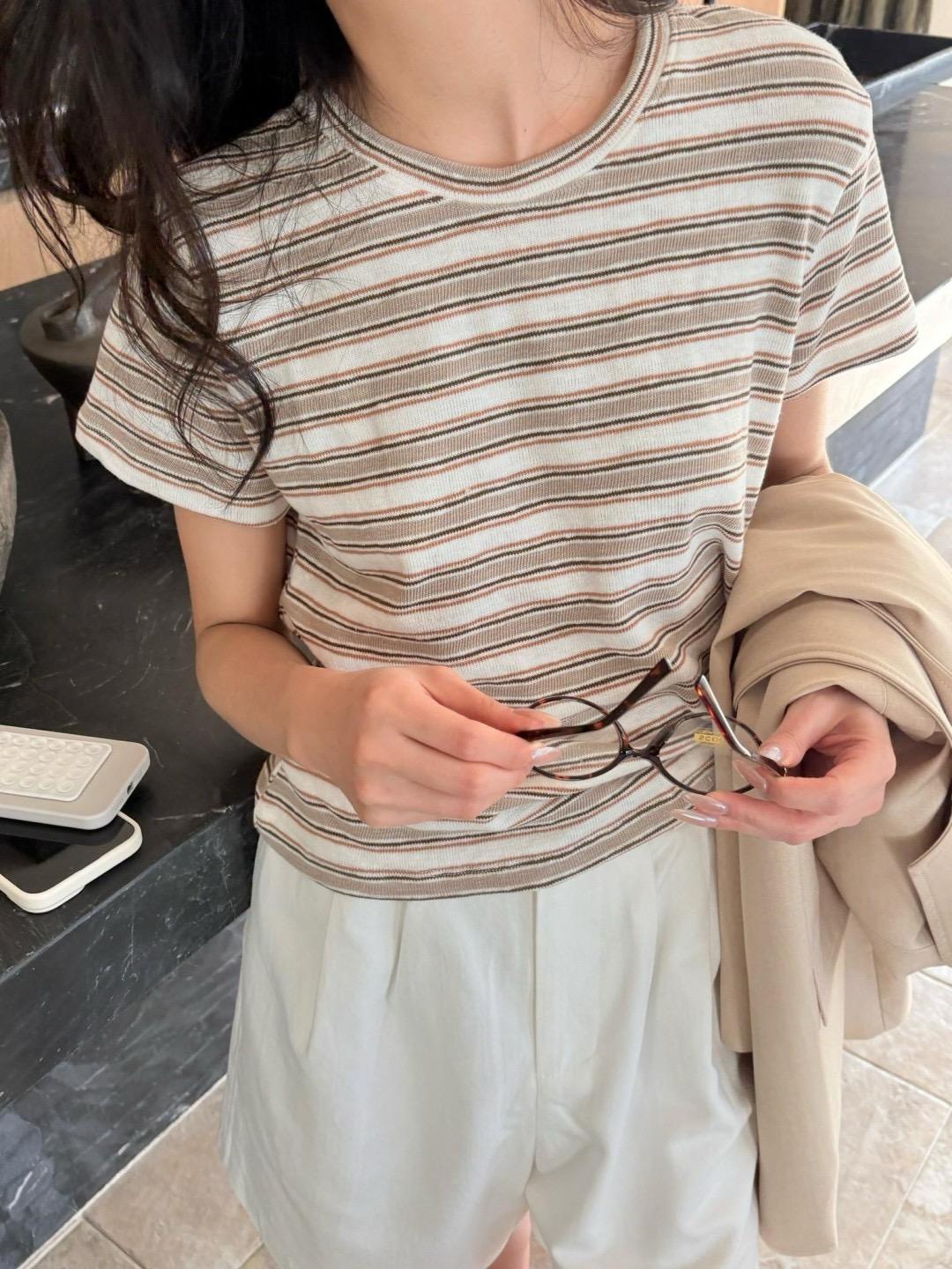 文青小姐姐彩條肌理棉Tee (2色)