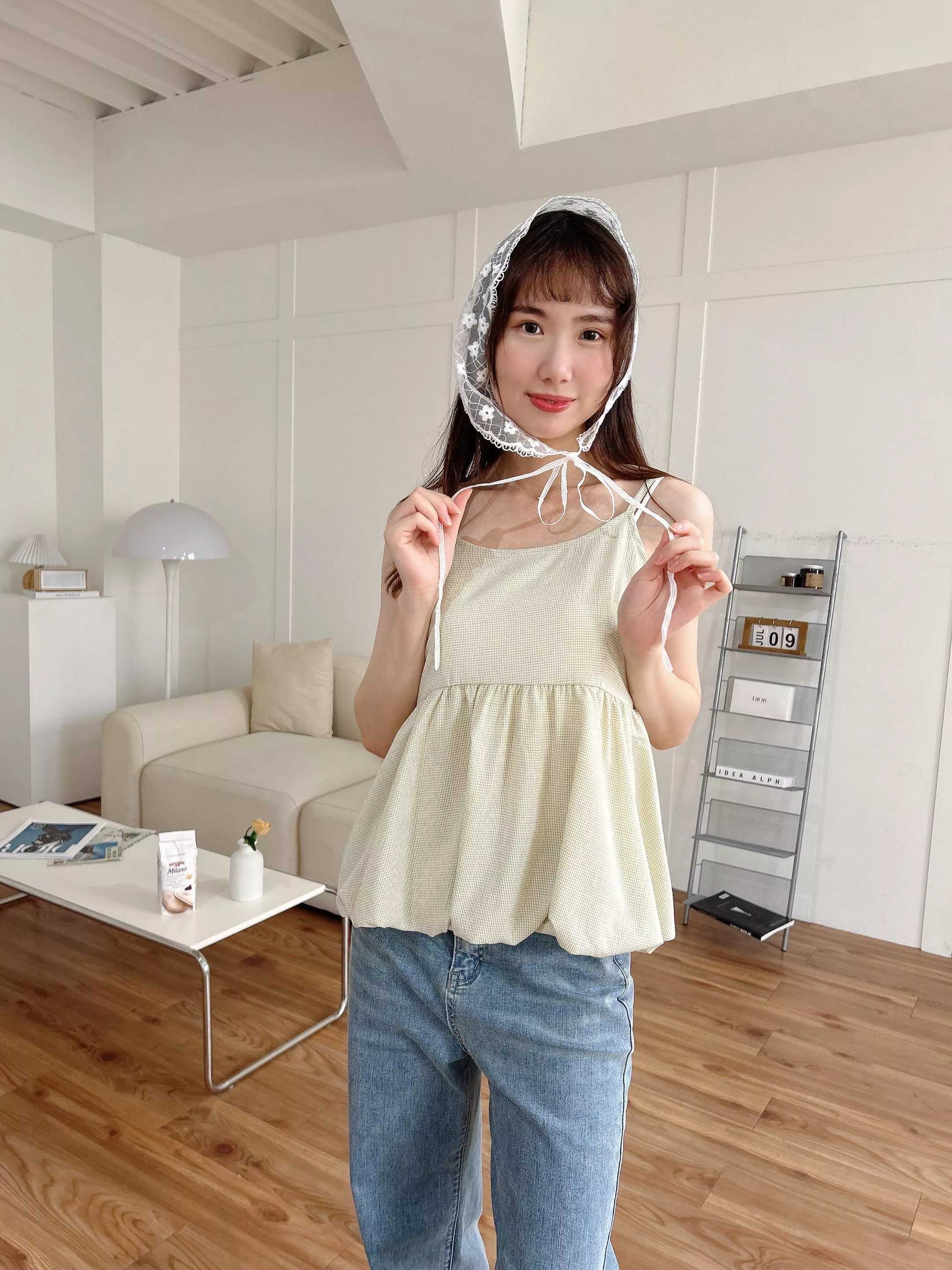 清新品味細格燈籠後綁帶背心 (2色)
