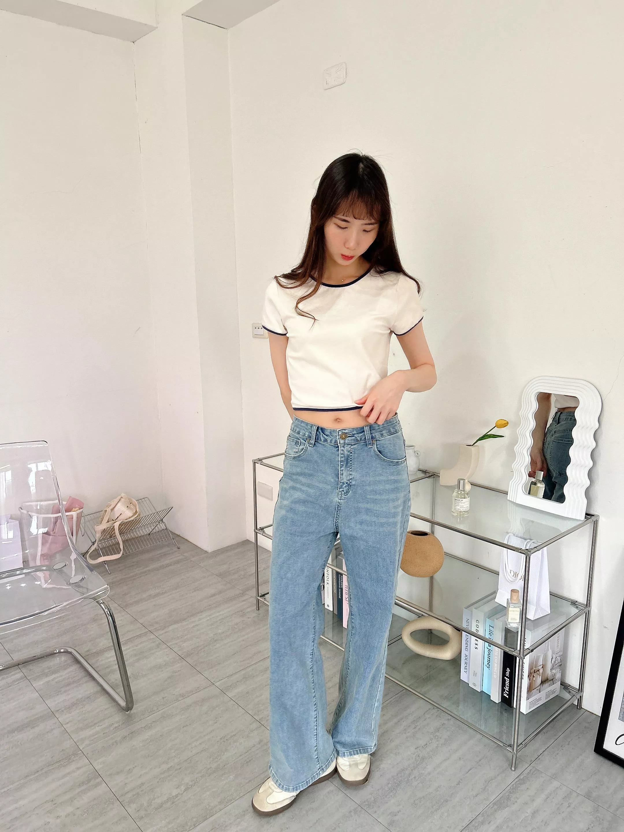 舒適日常彈力高腰刷色直筒牛仔褲 (S-XL)