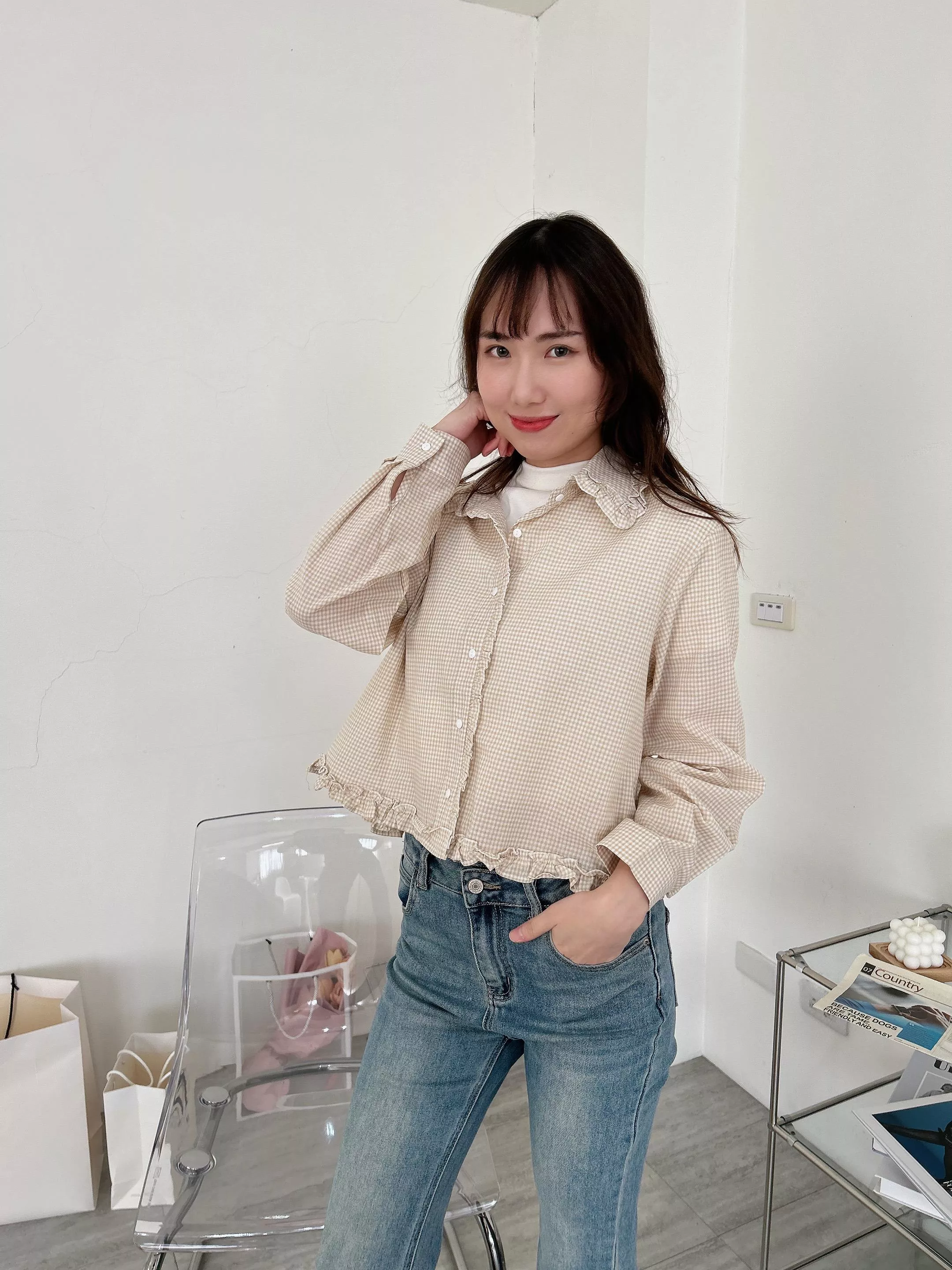 英倫風荷葉邊格紋排釦上衣 (2色)