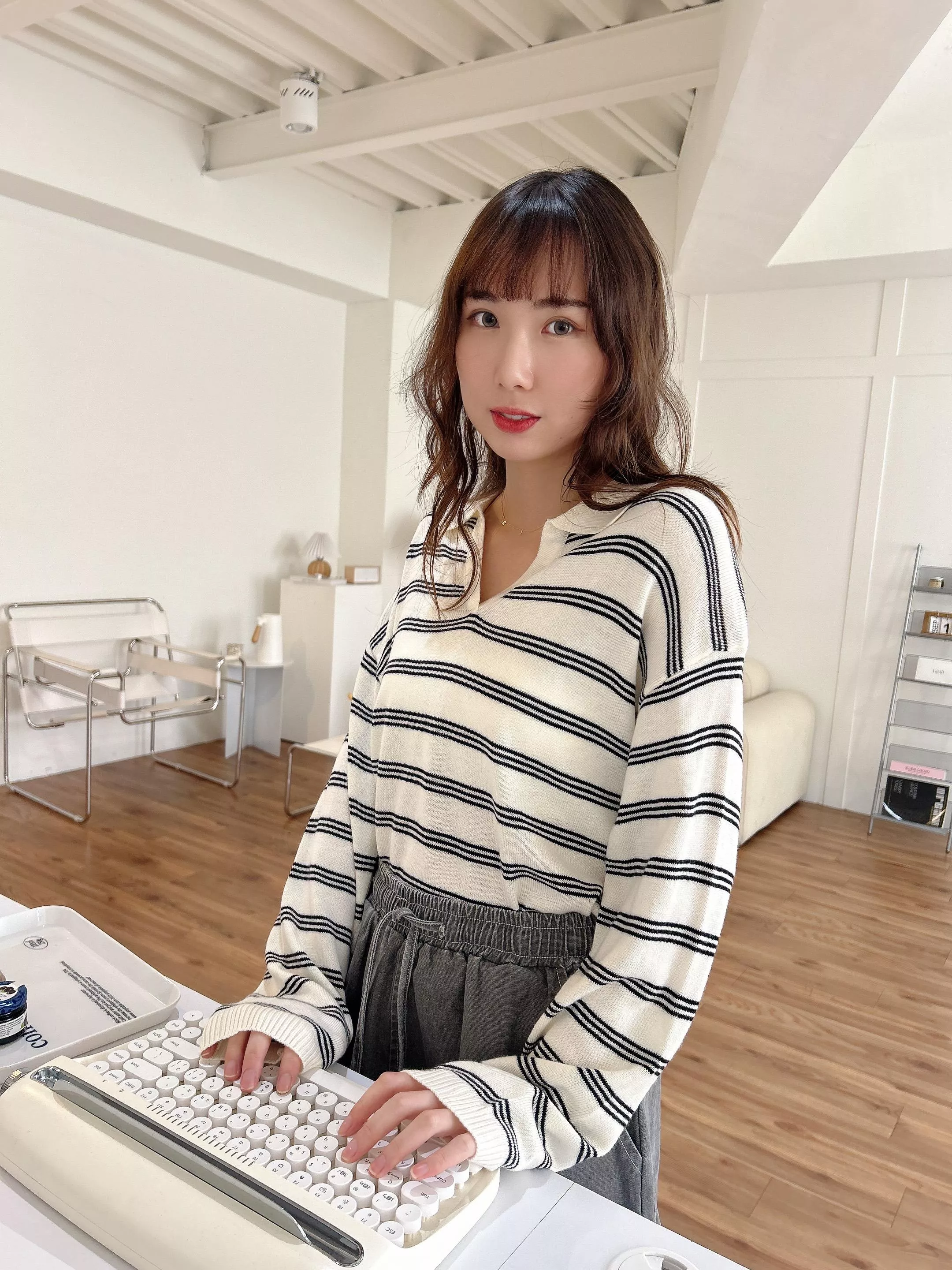 溫柔秋日條紋翻領開襟針織衫 (2色)