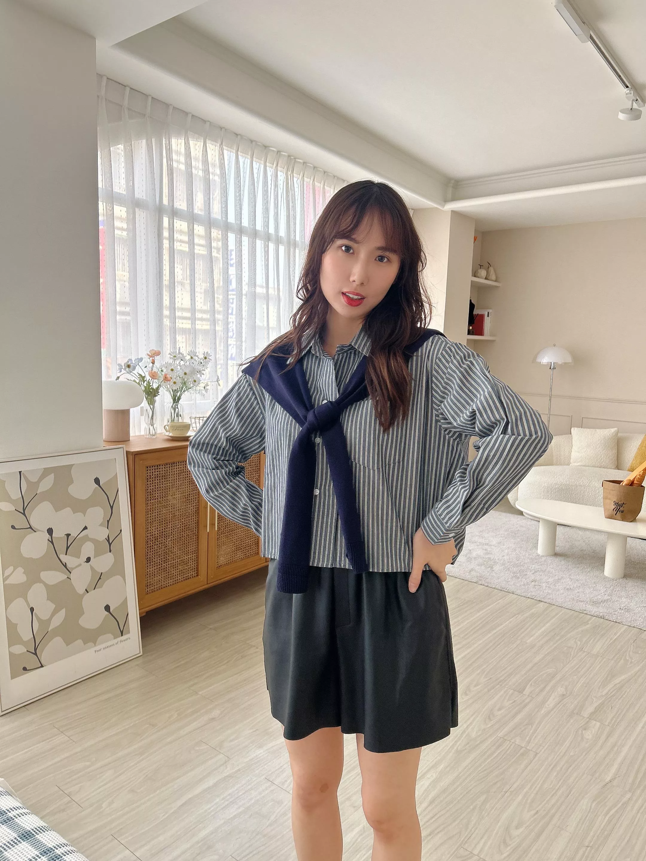 國民女友直紋襯衫附披肩(2色)