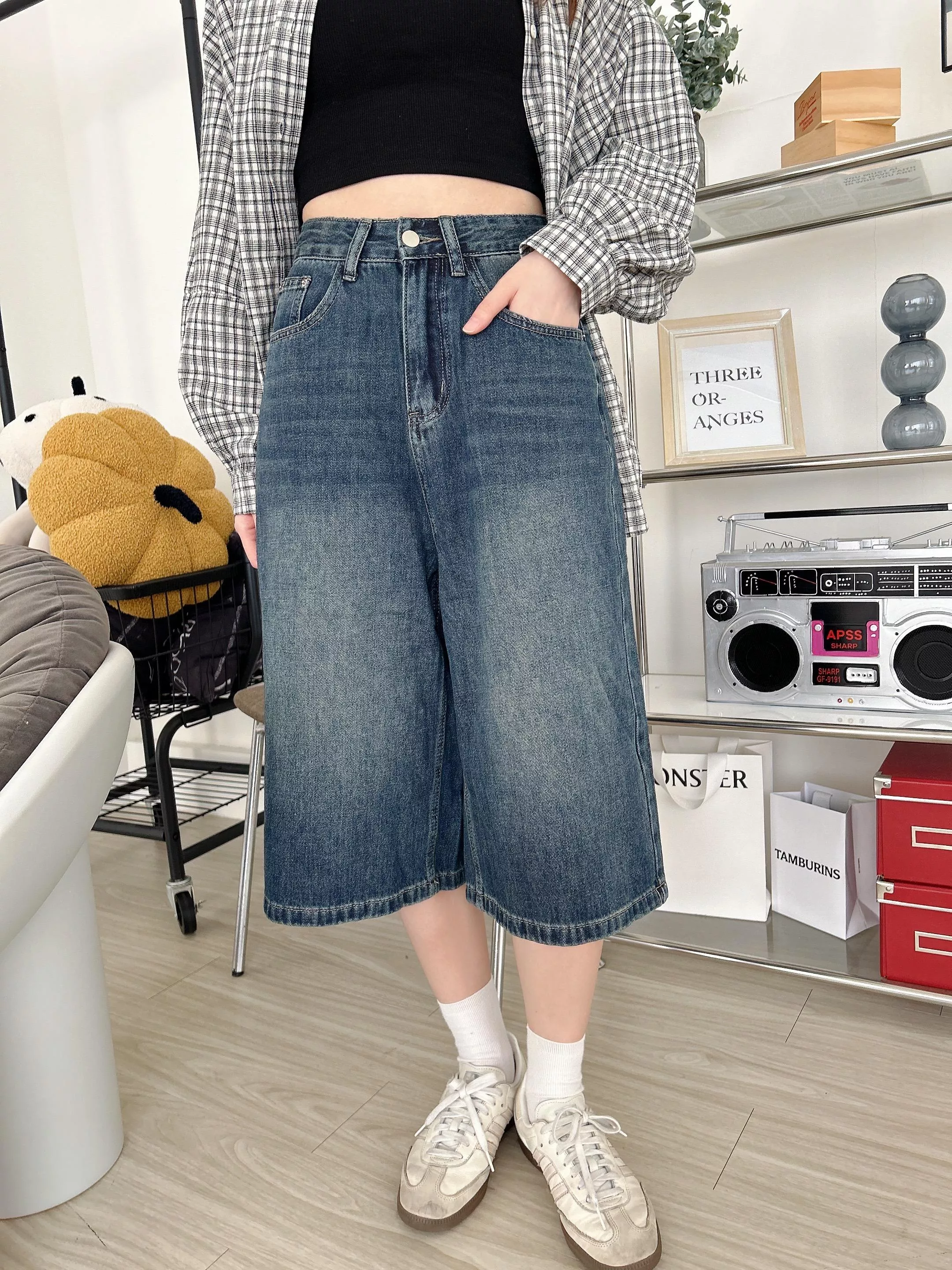 街頭帥妹復古刷色七分牛仔褲 (S-L)