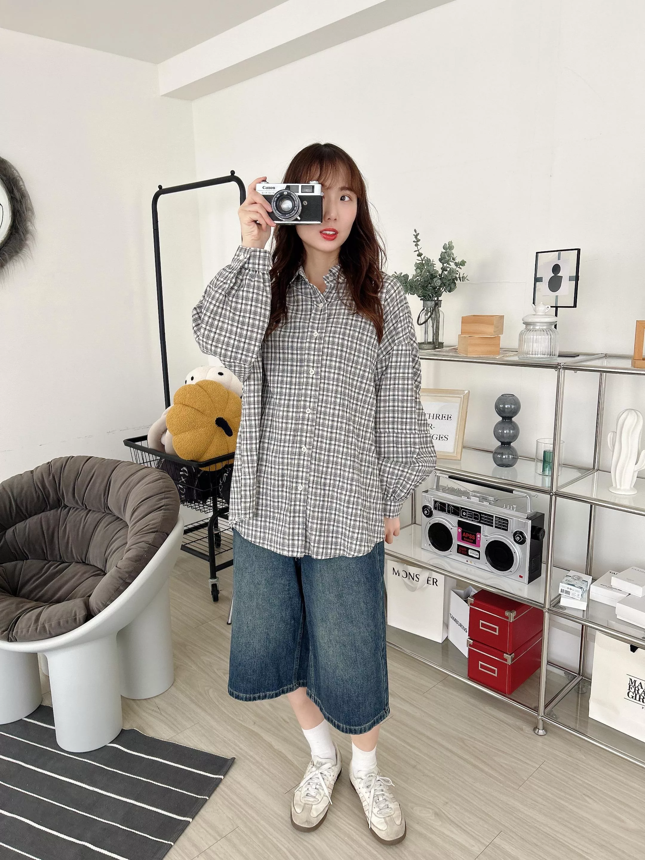 男友感側開衩鬆餅格紋襯衫 (2色)