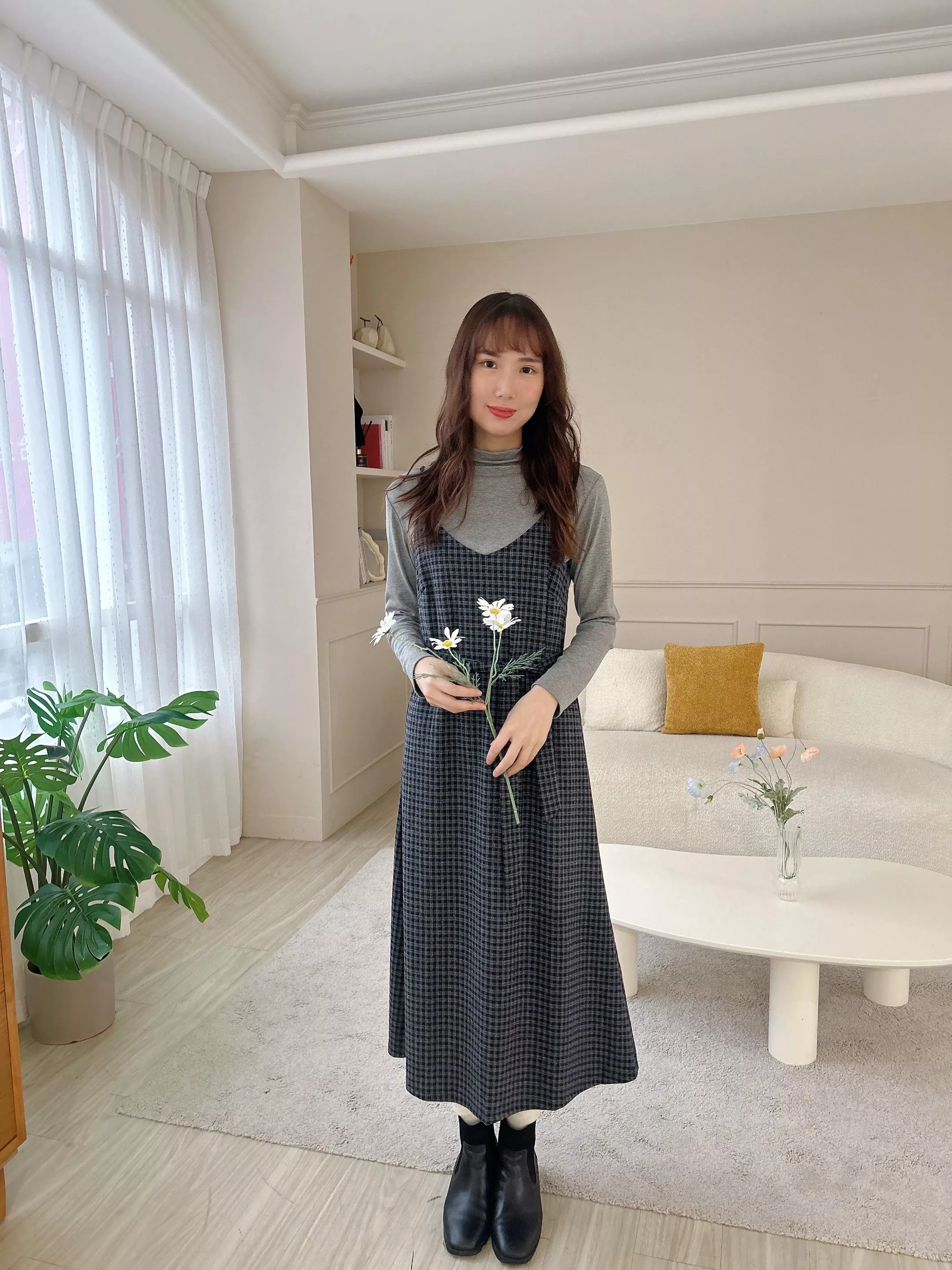 摩登女孩兩件式上衣格紋長洋套裝