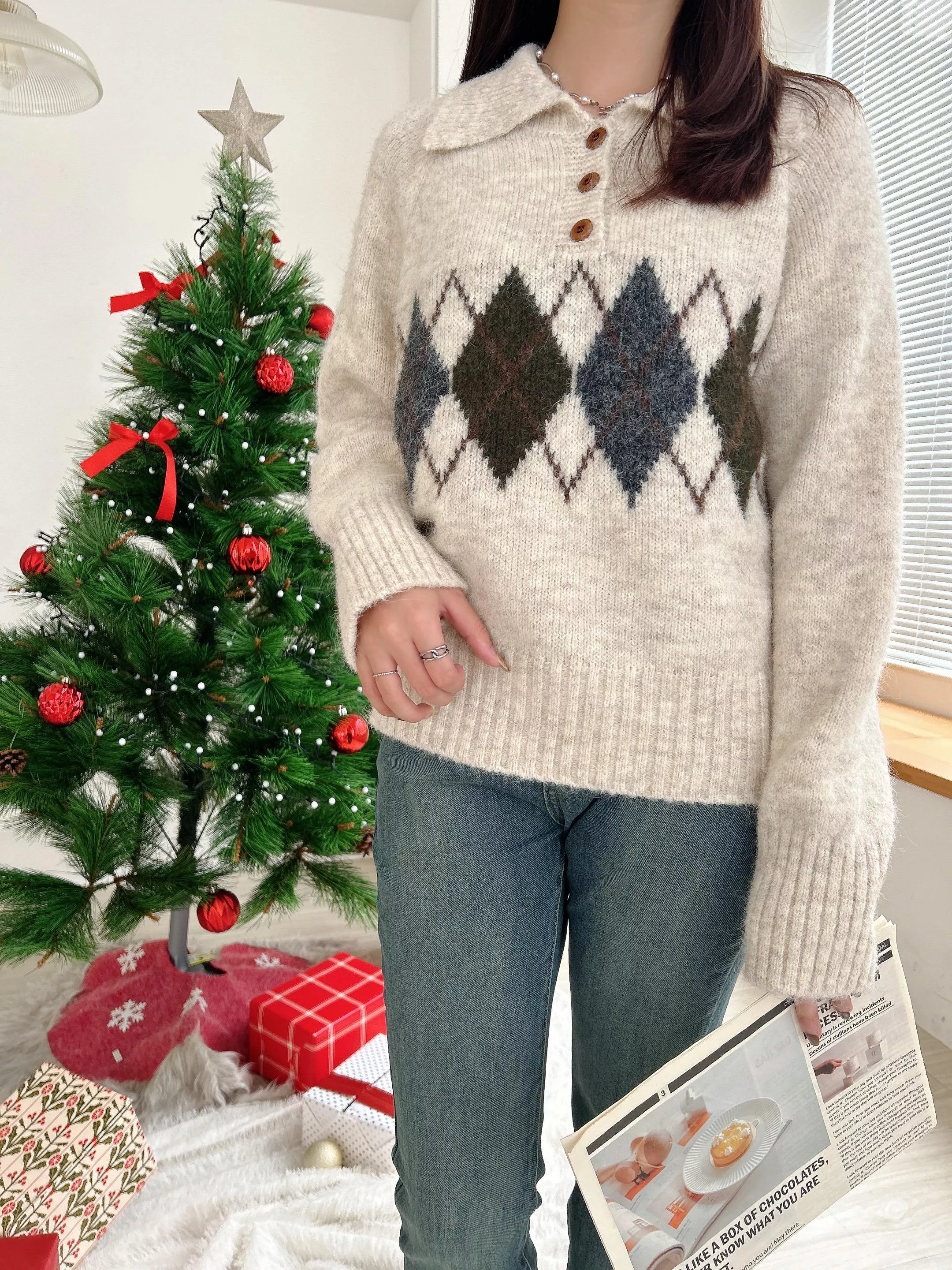 聖誕氛圍菱格翻領毛衣