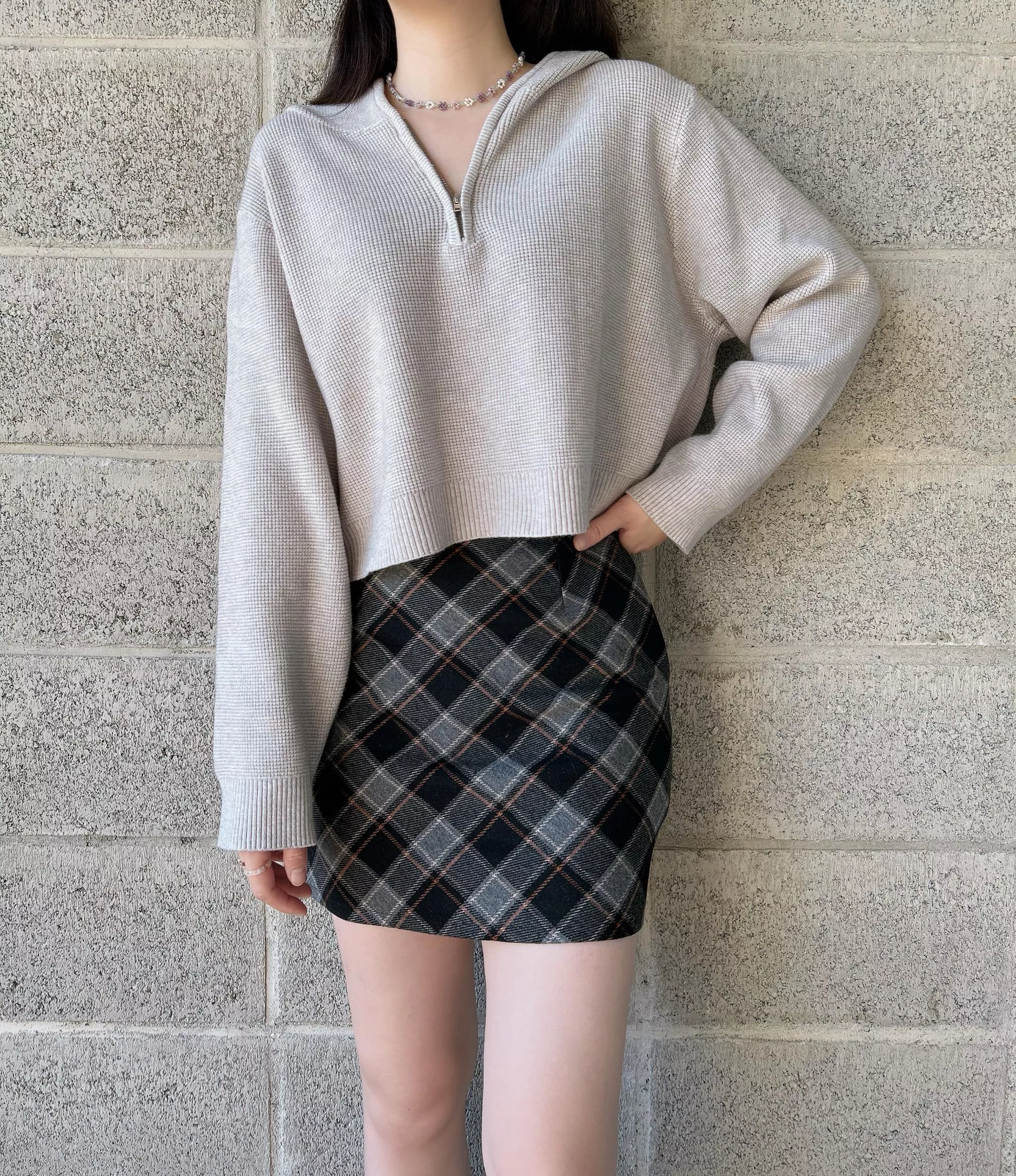 一眼愛上鬆餅格半拉鍊連帽上衣