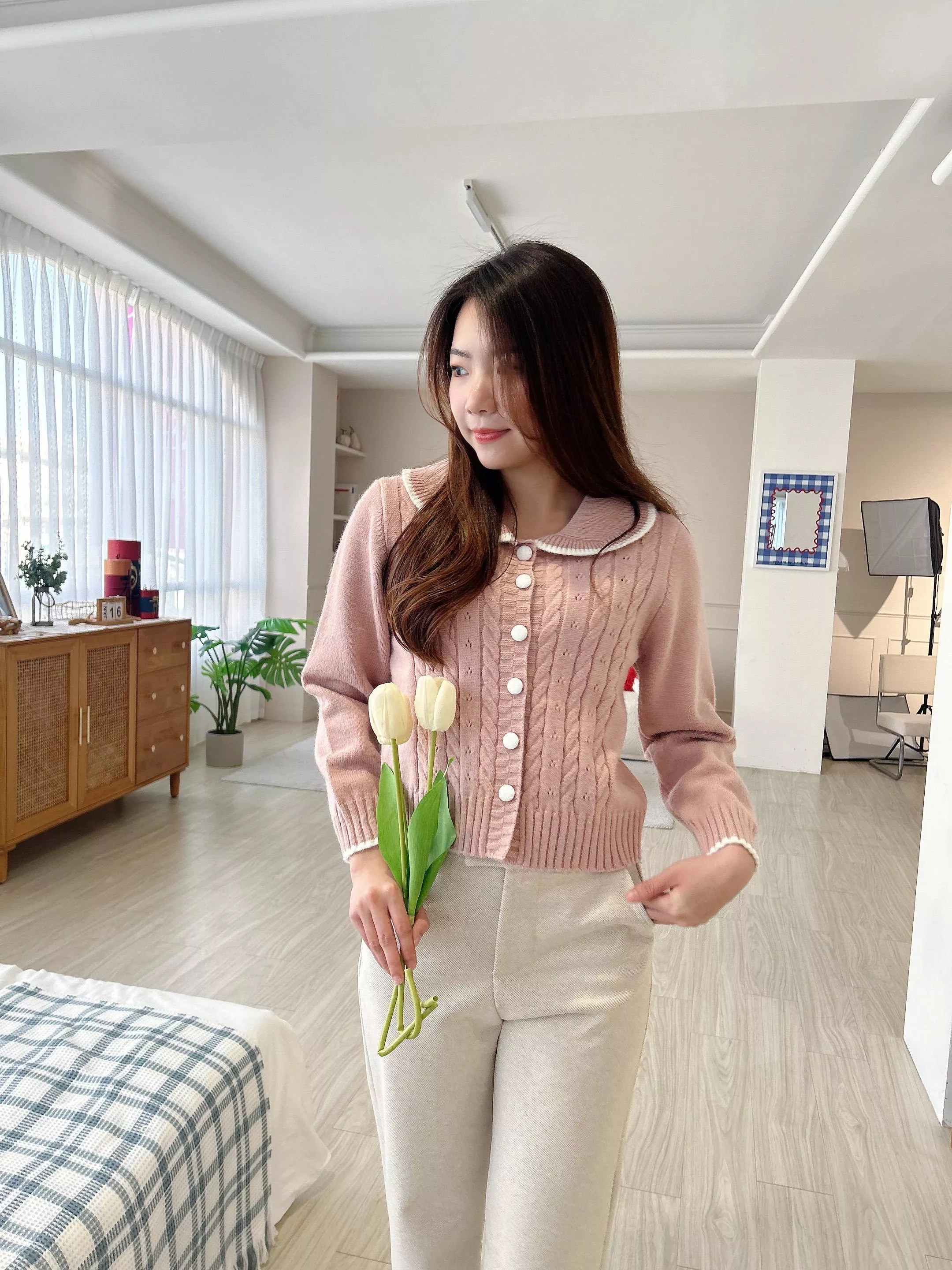 捕獲甜心配色麻花針織上衣 (2色)