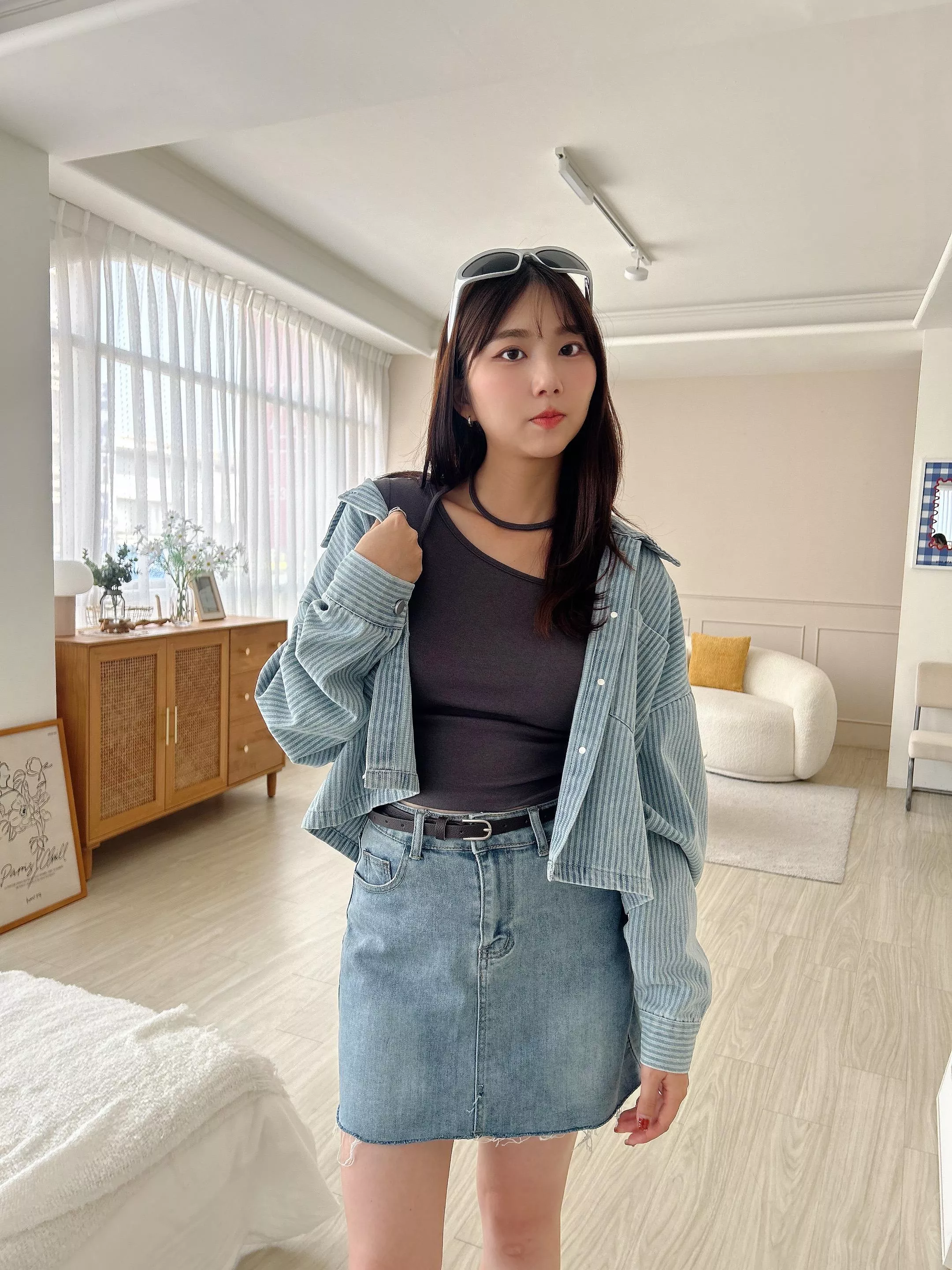 時髦在線直紋牛仔短版外套