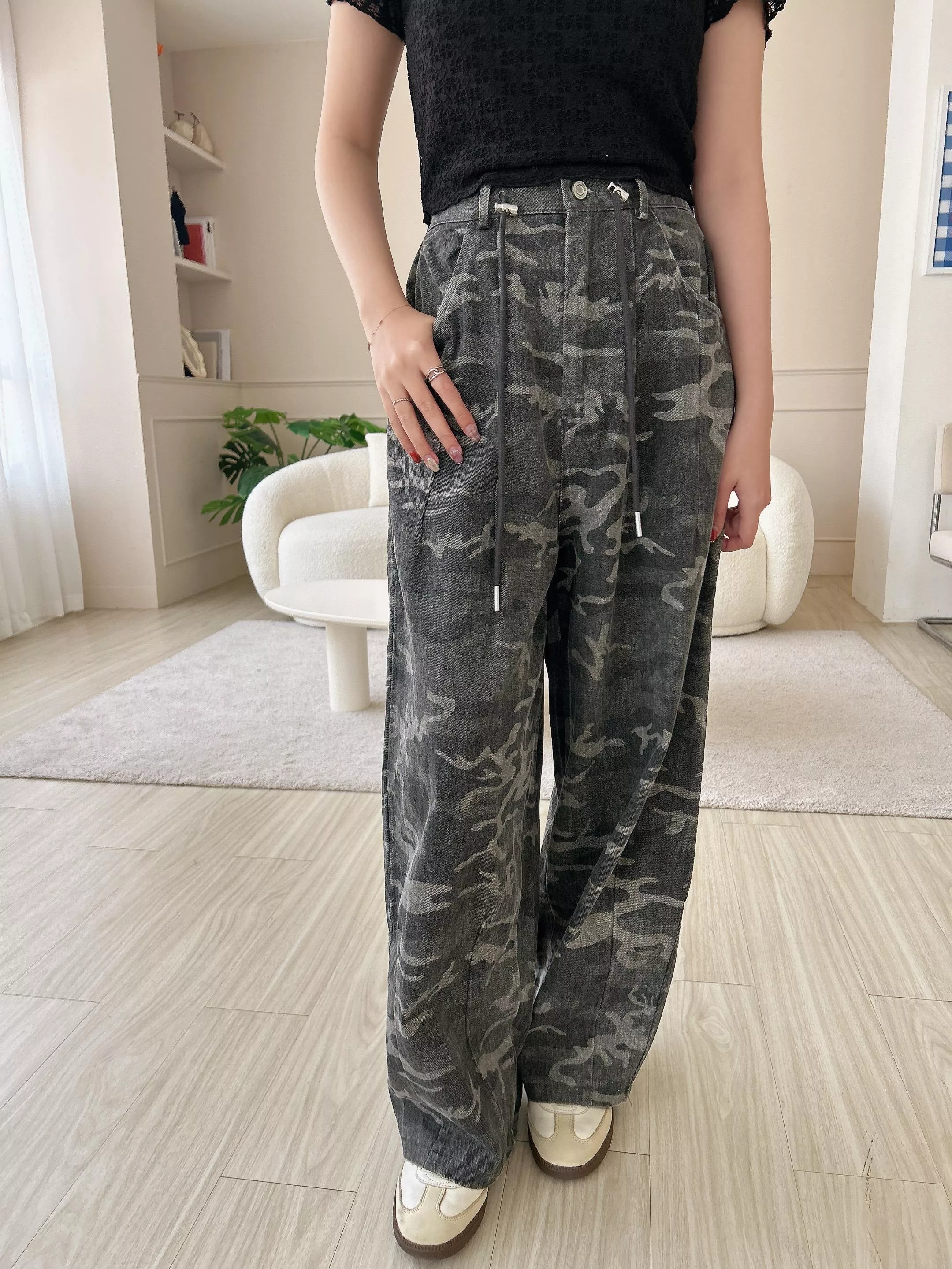 首爾街頭迷彩抽繩繭型褲