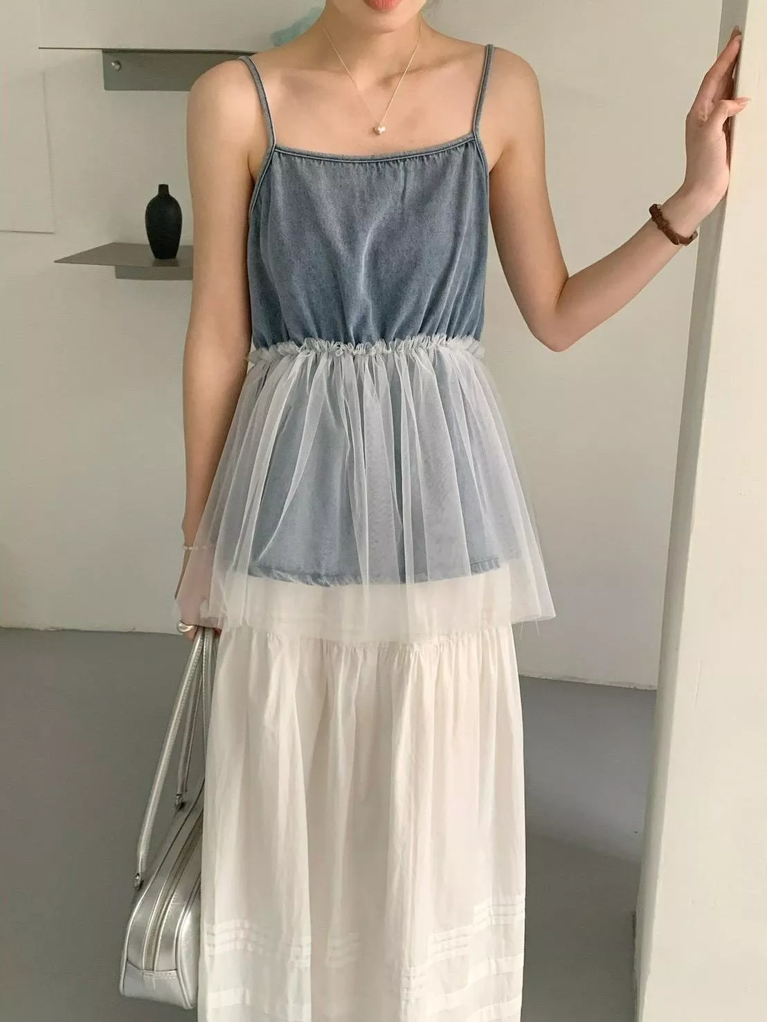 迷人的妳牛仔拼紗背心 (2色)