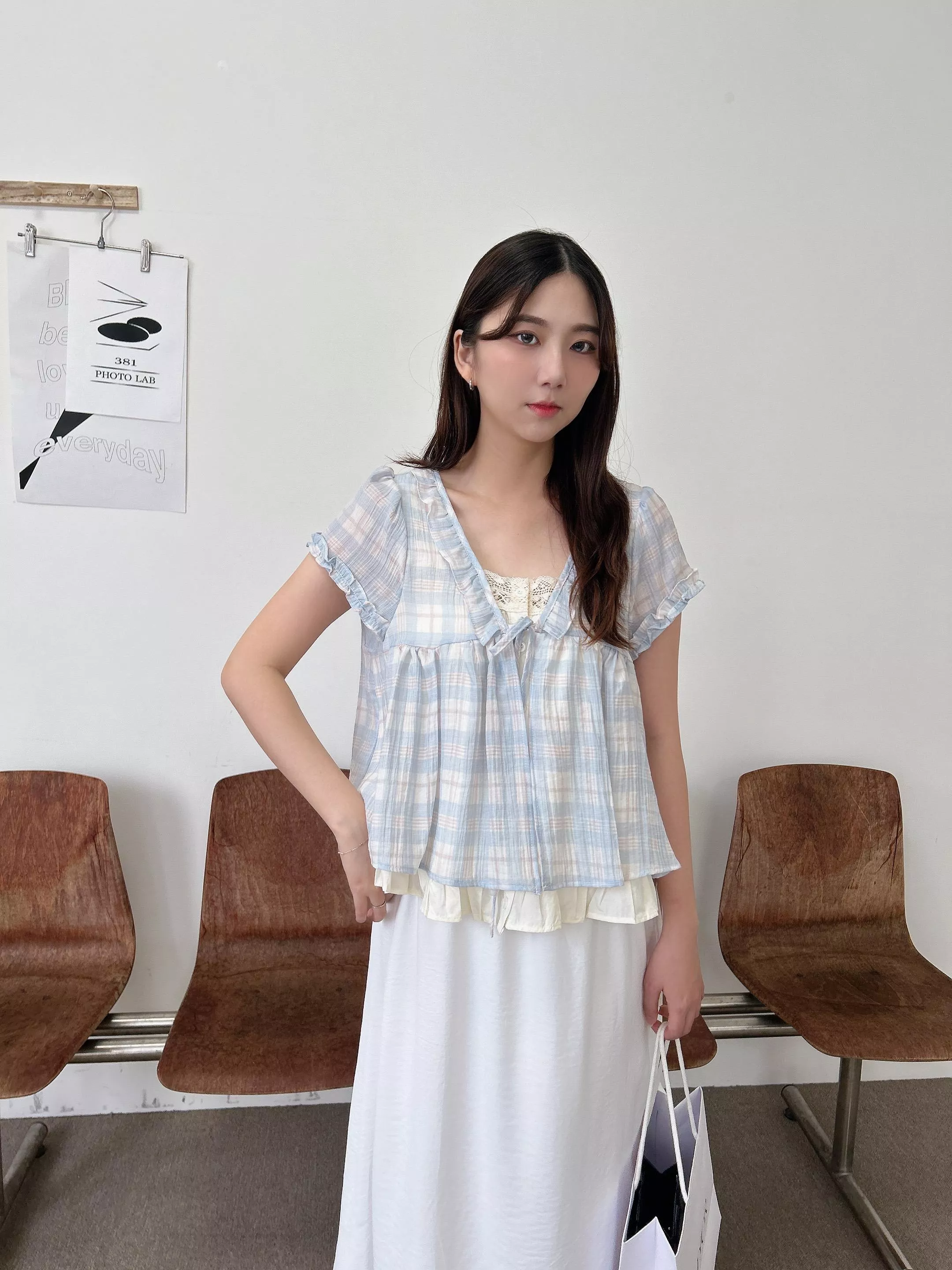 鄰家女孩格紋假兩件上衣 (2色)