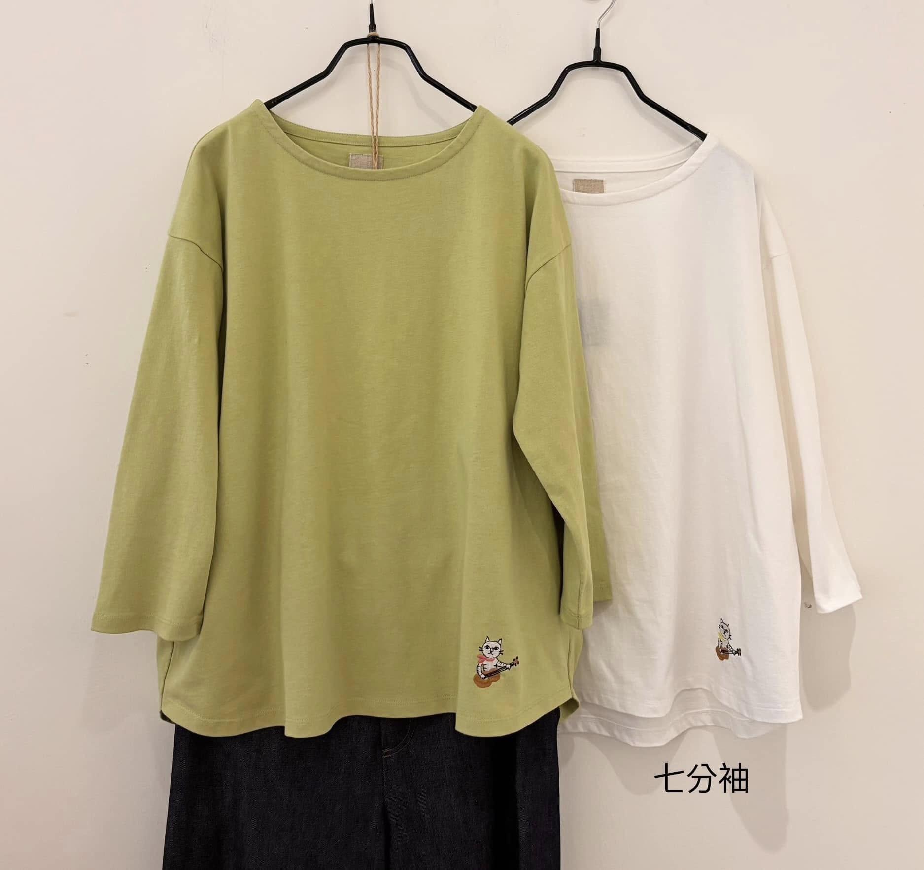 NEW~純棉貓咪吉他刺繡T-shirt