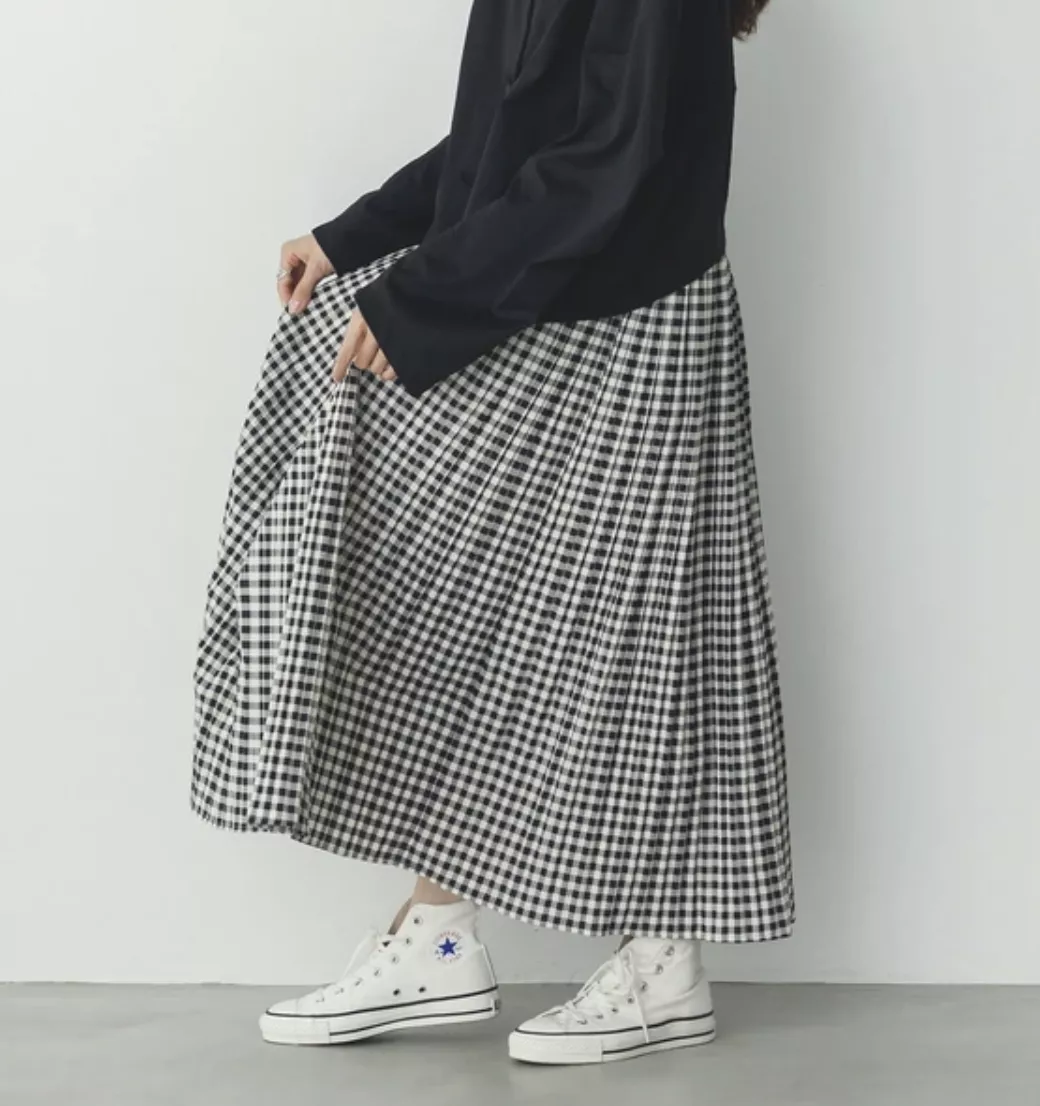 NEW~百搭格子壓褶裙