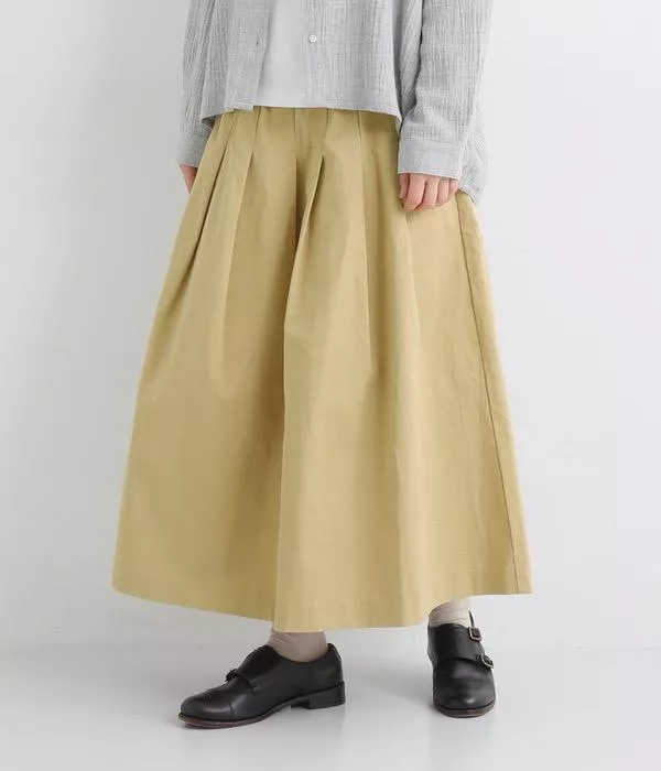 棉斜紋側邊帶壓褶長裙