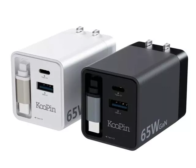 KooPin｜氮化鎵 自帶Type-C伸縮線 65W三輸出快速充電器【台灣製造】