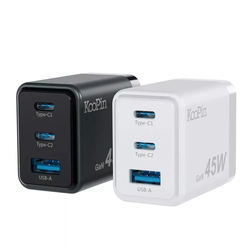 量批∥KooPin｜氮化鎵 45W雙USB-C+USB-A手機急速快充充電器【台灣製造】