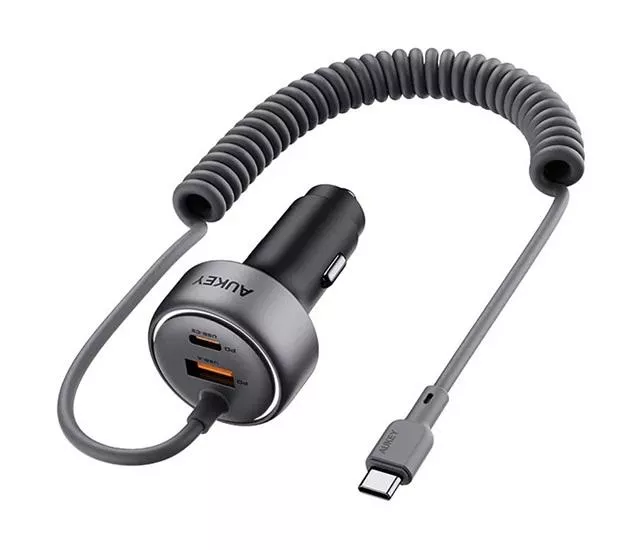 AUKEY｜自帶線3孔75W PD快充車用充電器／點菸器