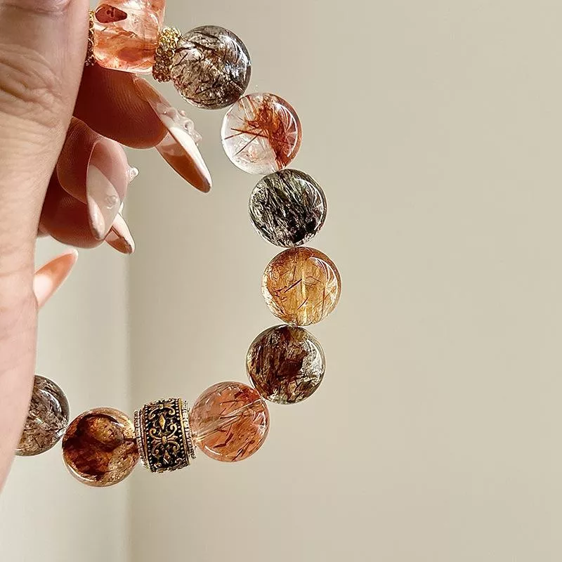 水晶手鍊 天然水晶 12.5M黑金手鏈女 紅膠花 台北門市 客製化訂製 桃花 轉運 姻緣 招財