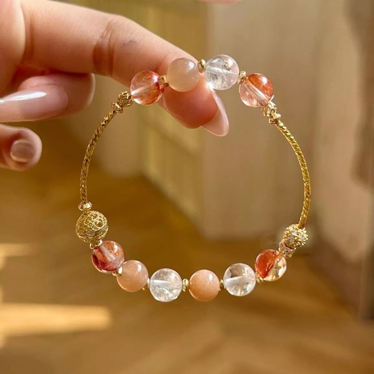 水晶手鍊 天然水晶 天然紅膠花 白水晶 橙月光水晶 錦鯉膠花 客製化訂製 桃花 轉運 姻緣 招財