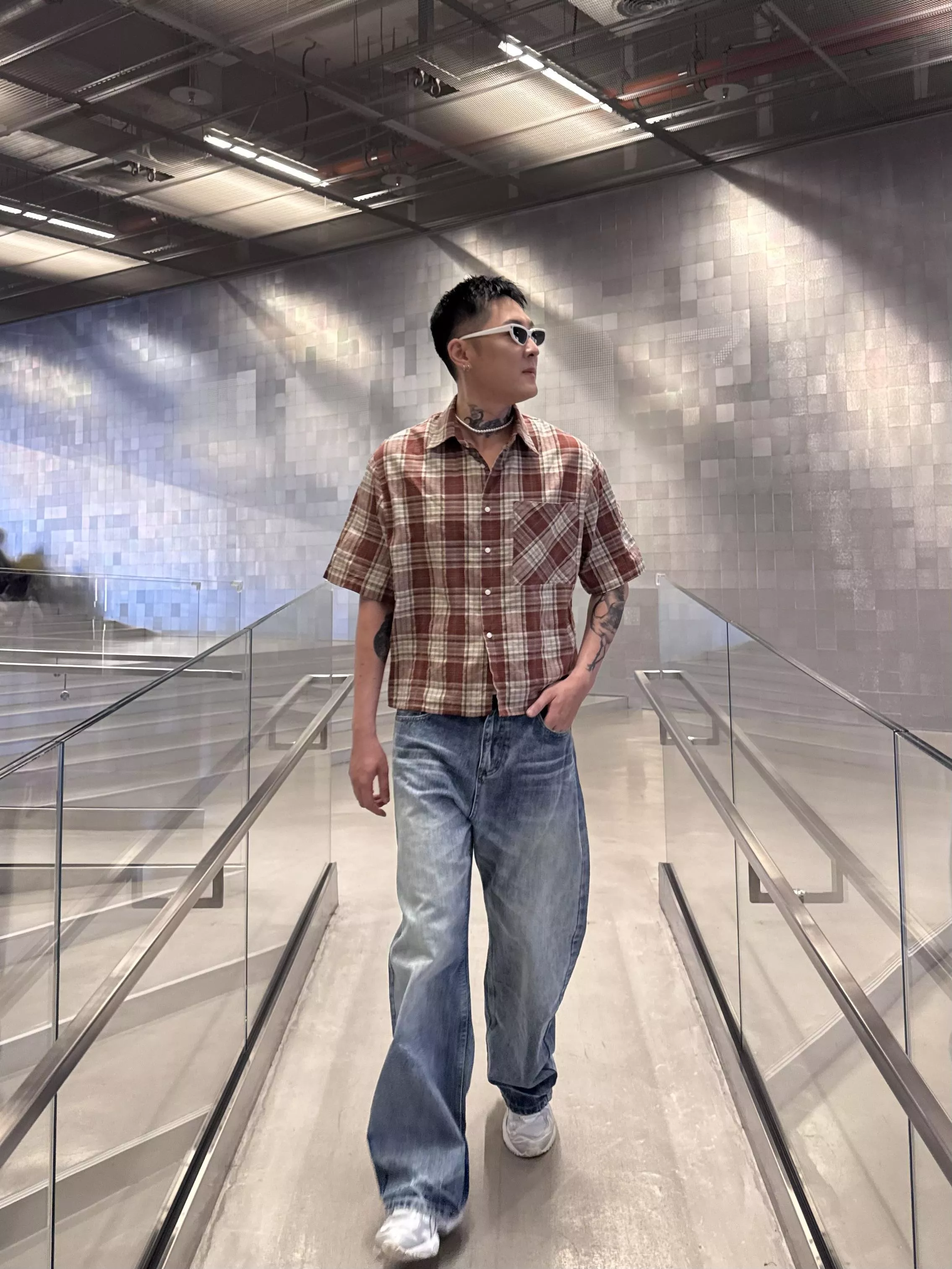 短版復古格紋襯衫（紅）