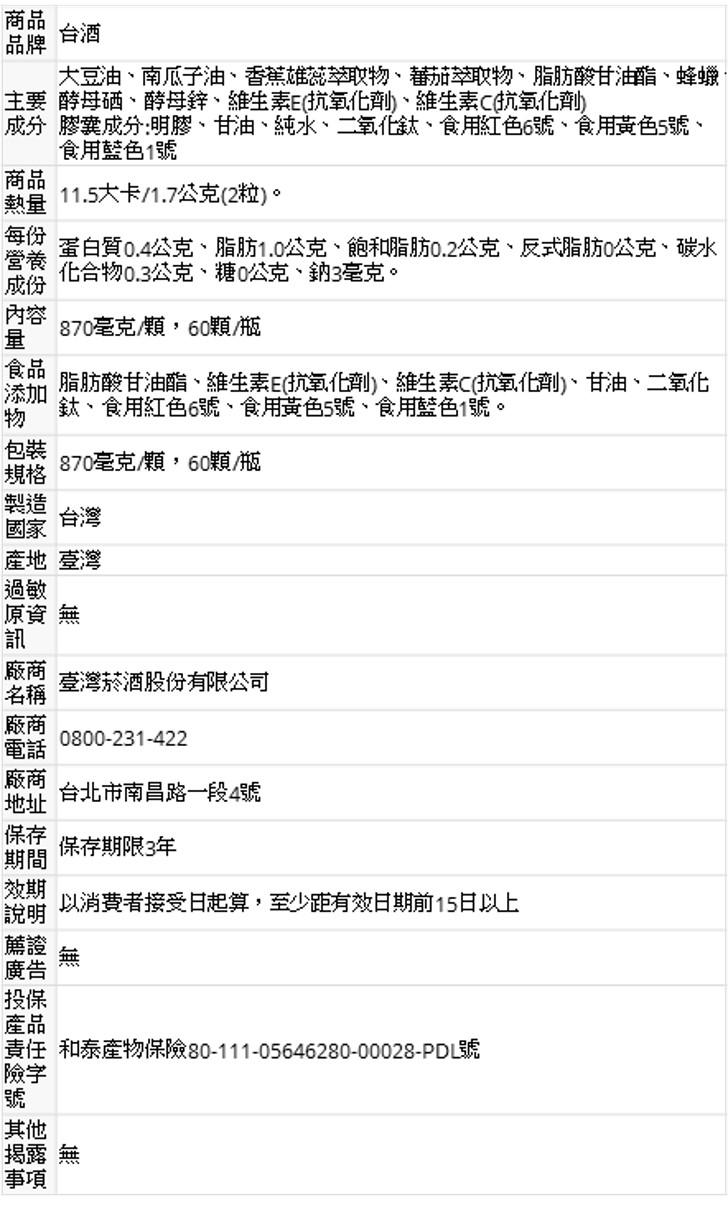 【台酒TTL】茄紅南瓜子油軟膠囊(60顆/瓶)