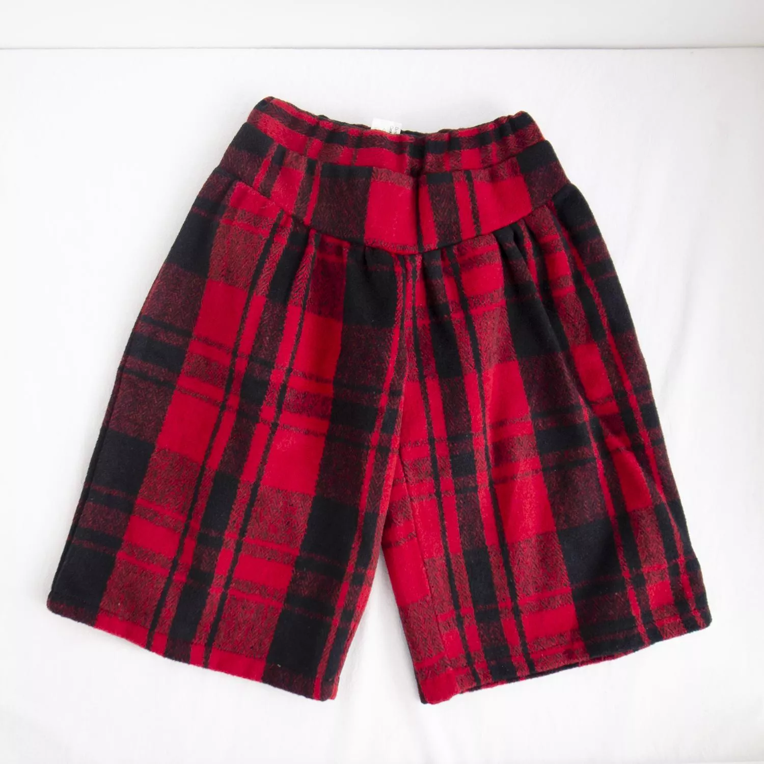 紅黑格毛呢寬口褲