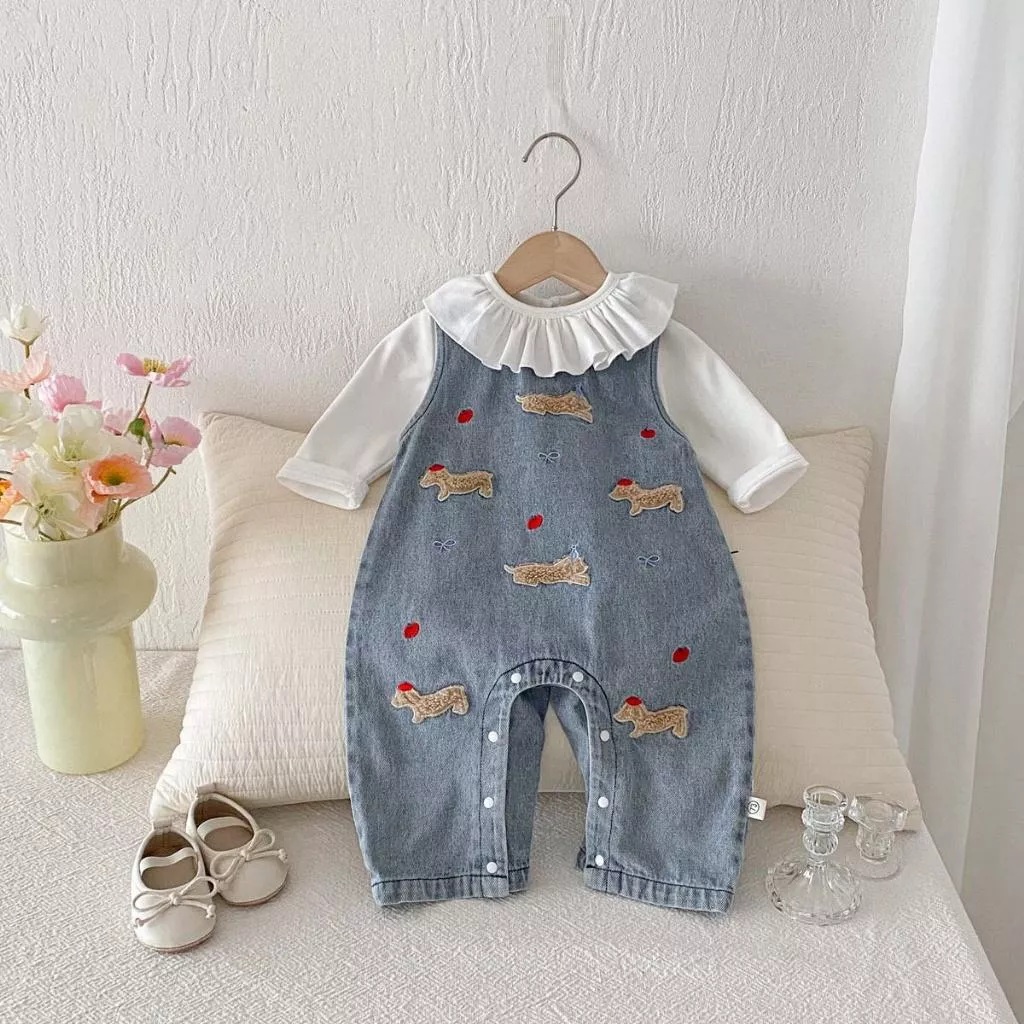 荷葉領上衣刺繡牛仔背帶褲兩件套