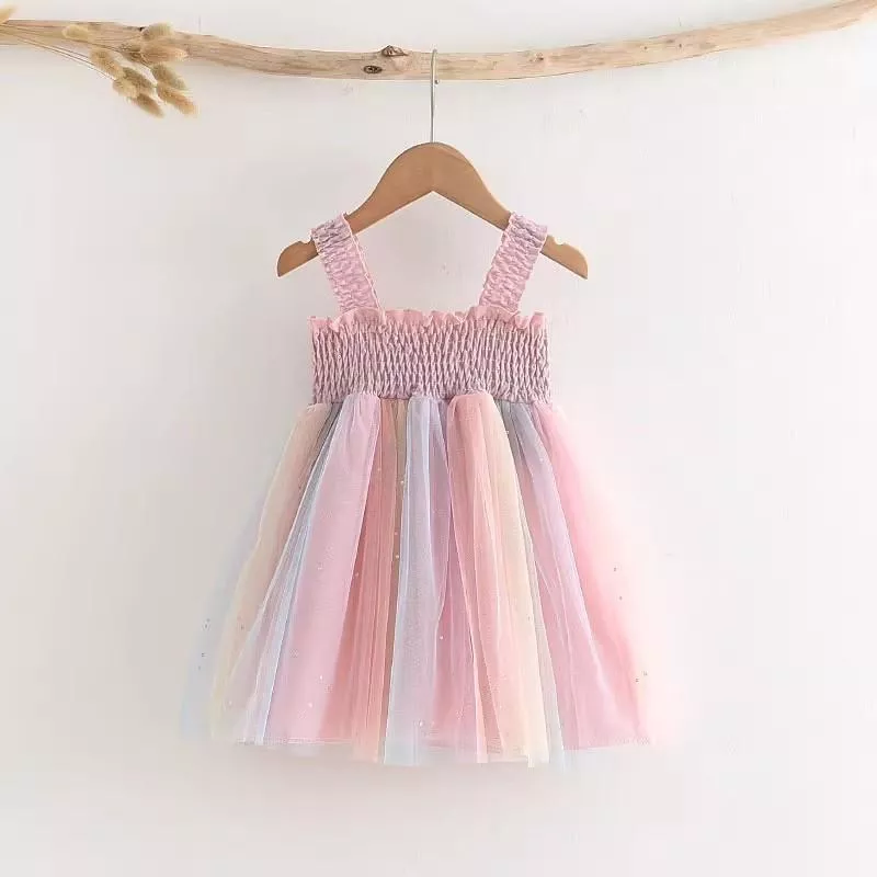 彩虹壓皺網紗吊帶裙