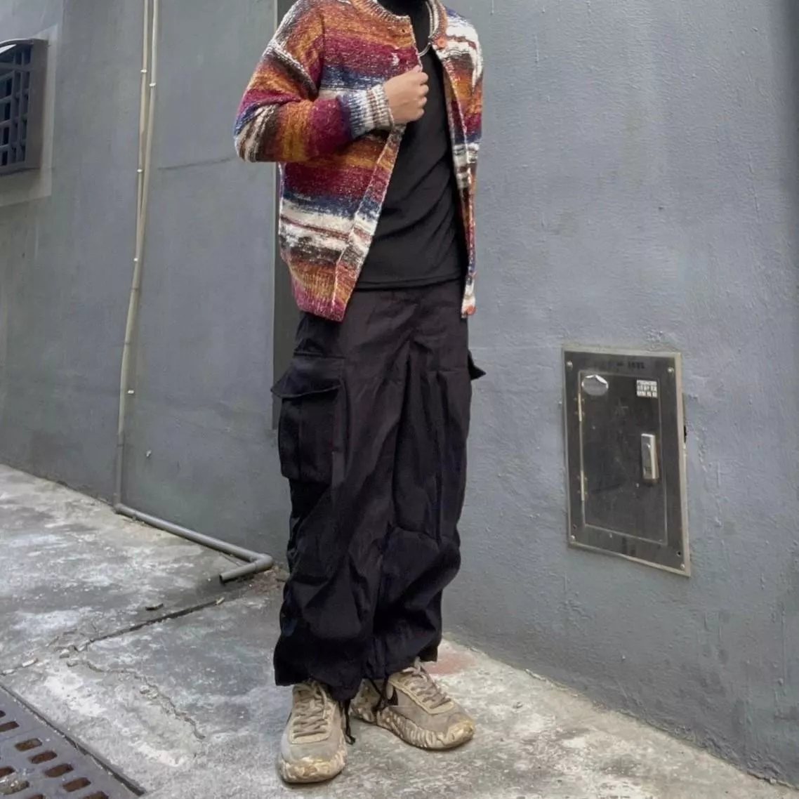 撞色條紋美式開衫針織外套+日式擴腿寬褲