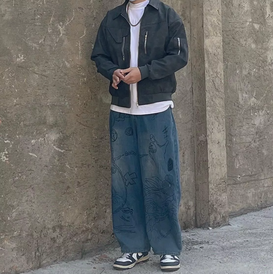 麂皮美式復古外套+美式塗鴉牛仔褲