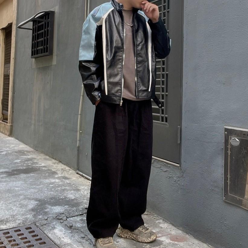 拼接撞色PU皮夾克