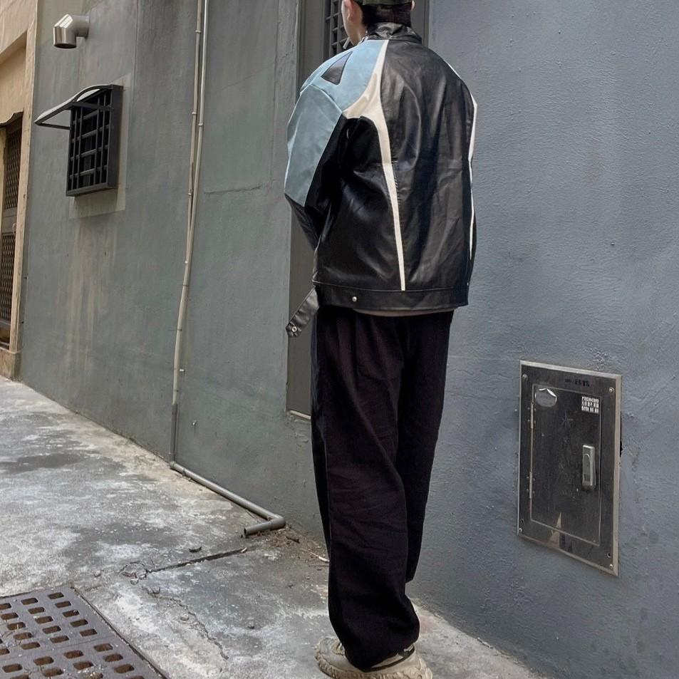 拼接撞色PU皮夾克