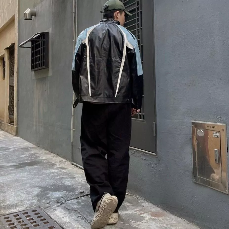 拼接撞色PU皮夾克