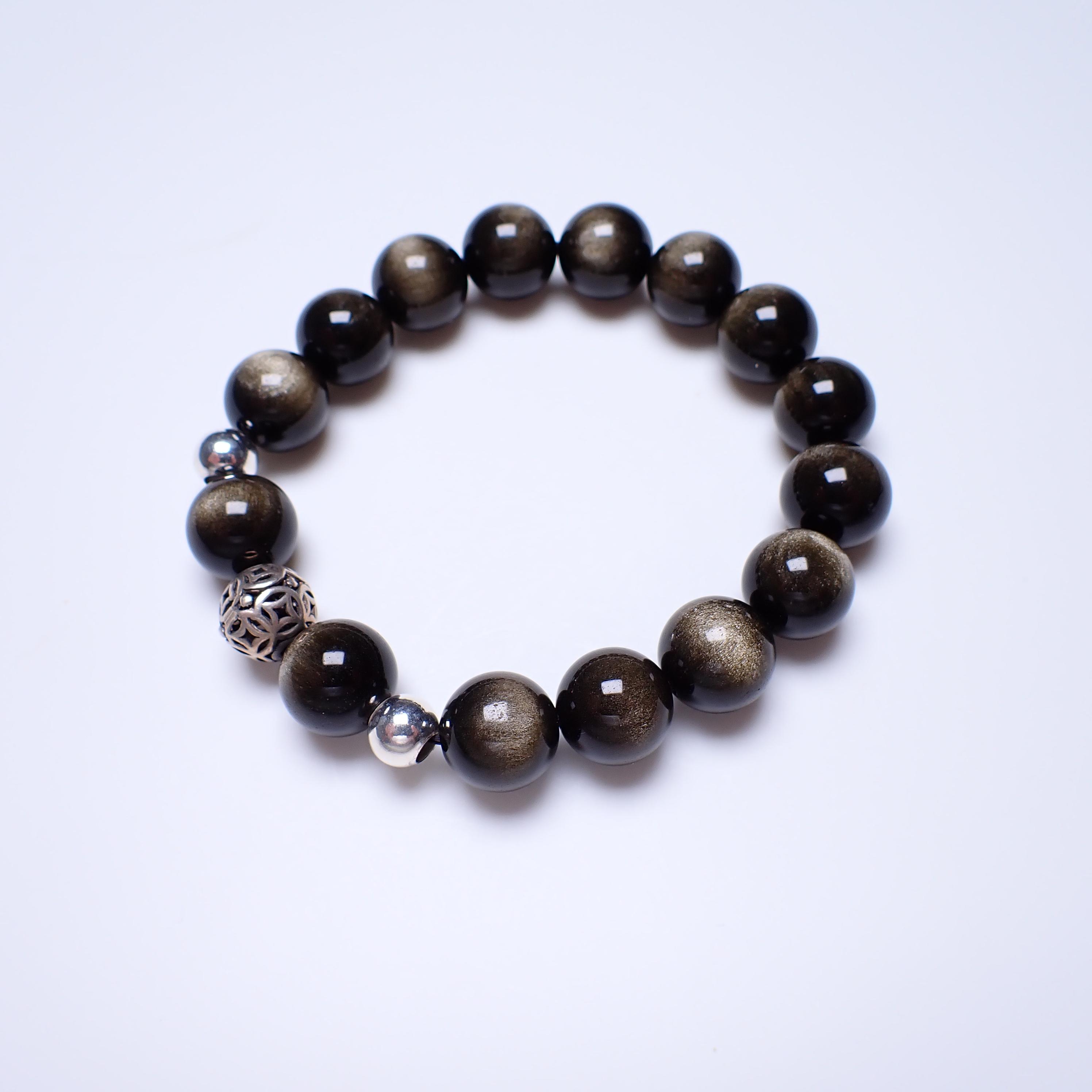 金沙黑曜石手珠12mm(可選擇銀珠)