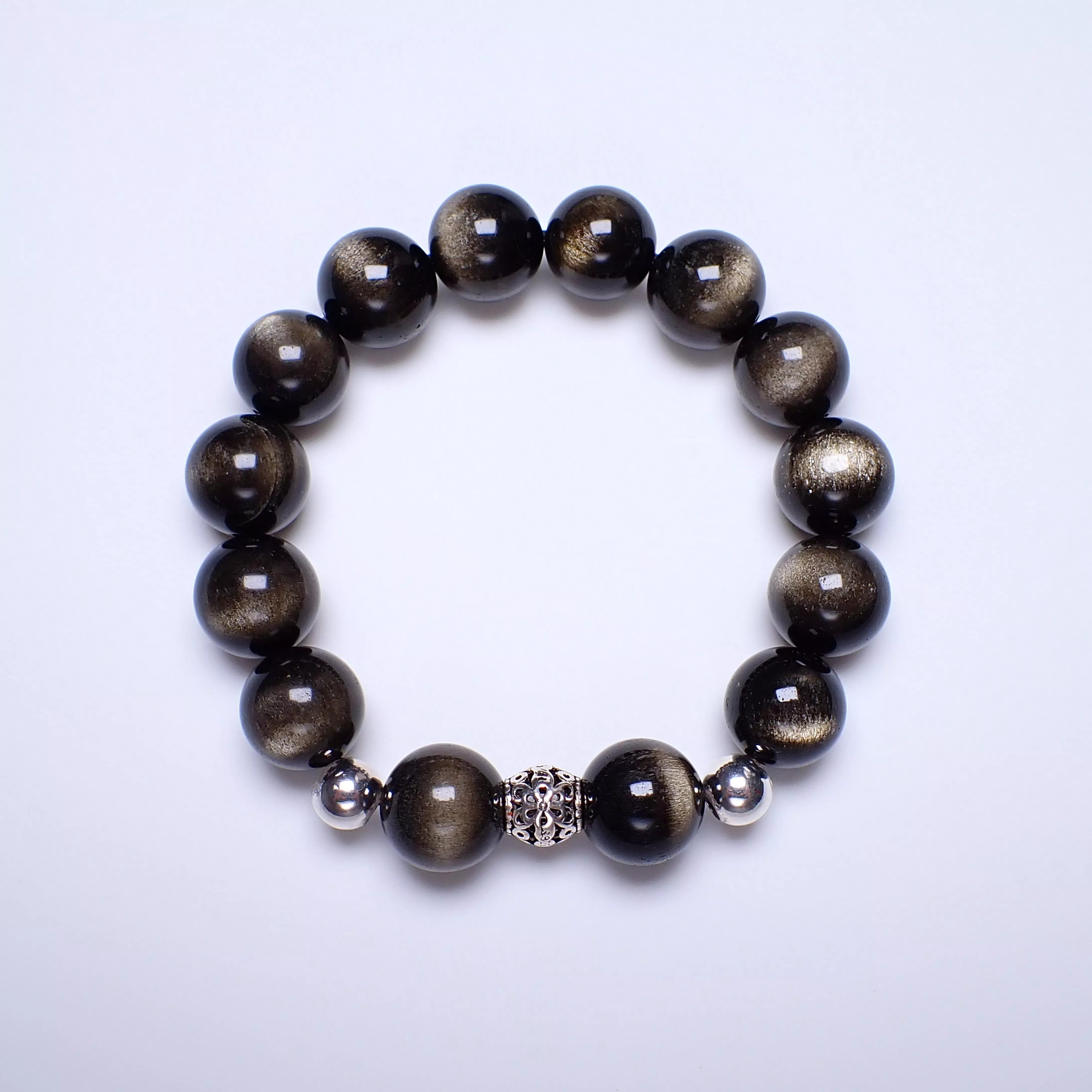 金沙黑曜石手珠14.5mm(可選擇銀珠)