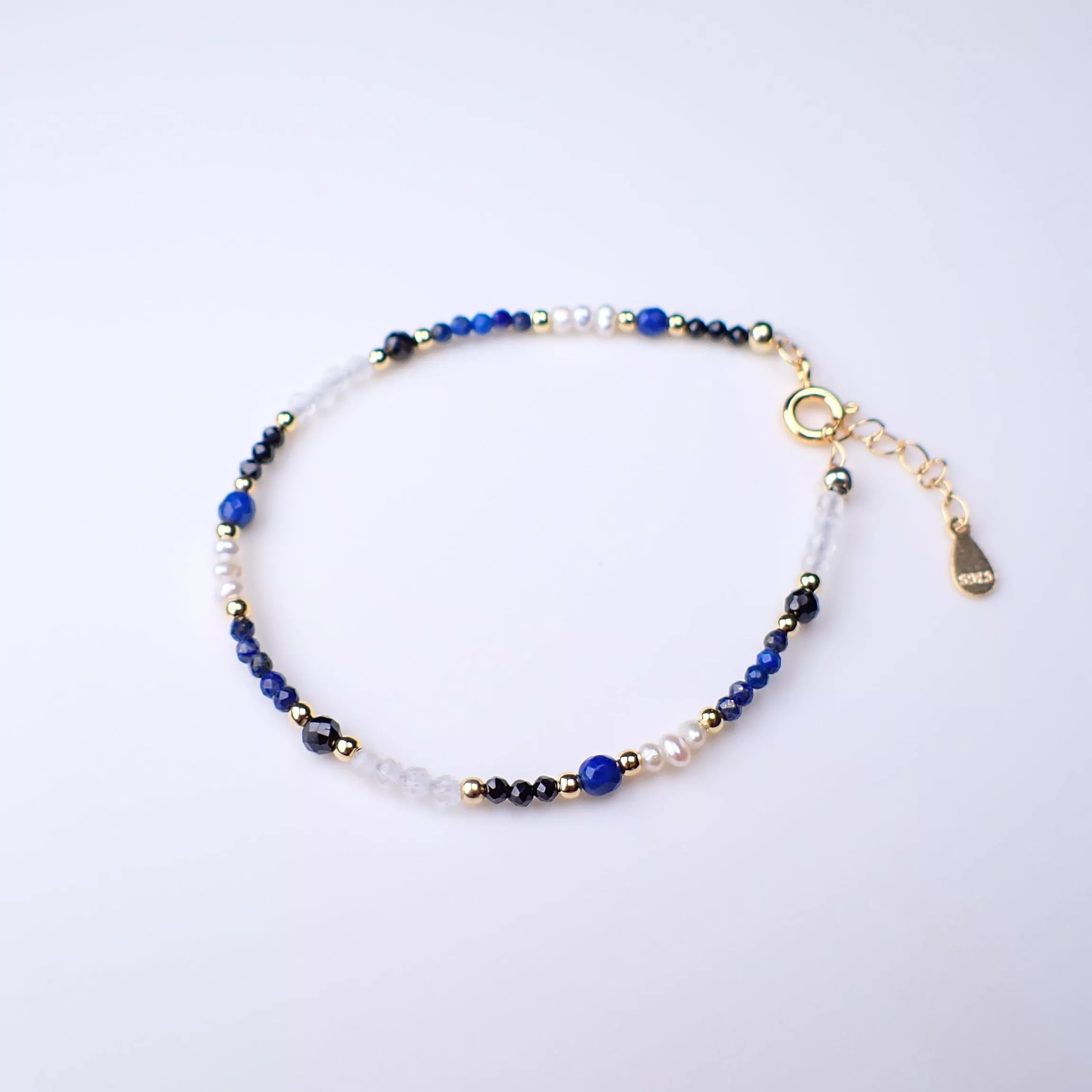 琉光_青金石_珍珠_白水晶純銀包18K金手鍊