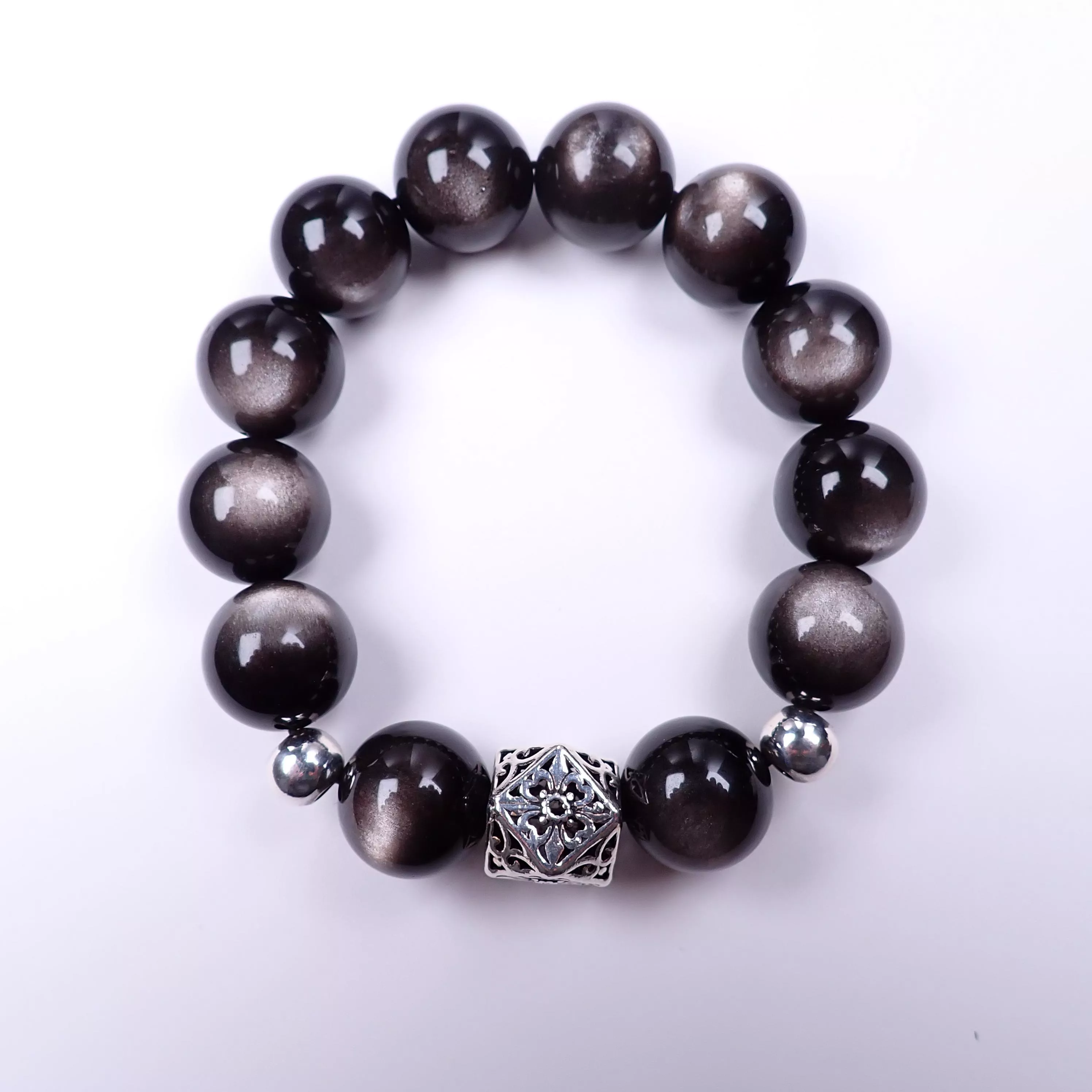 銀沙黑曜石手珠16mm(可選擇銀珠)