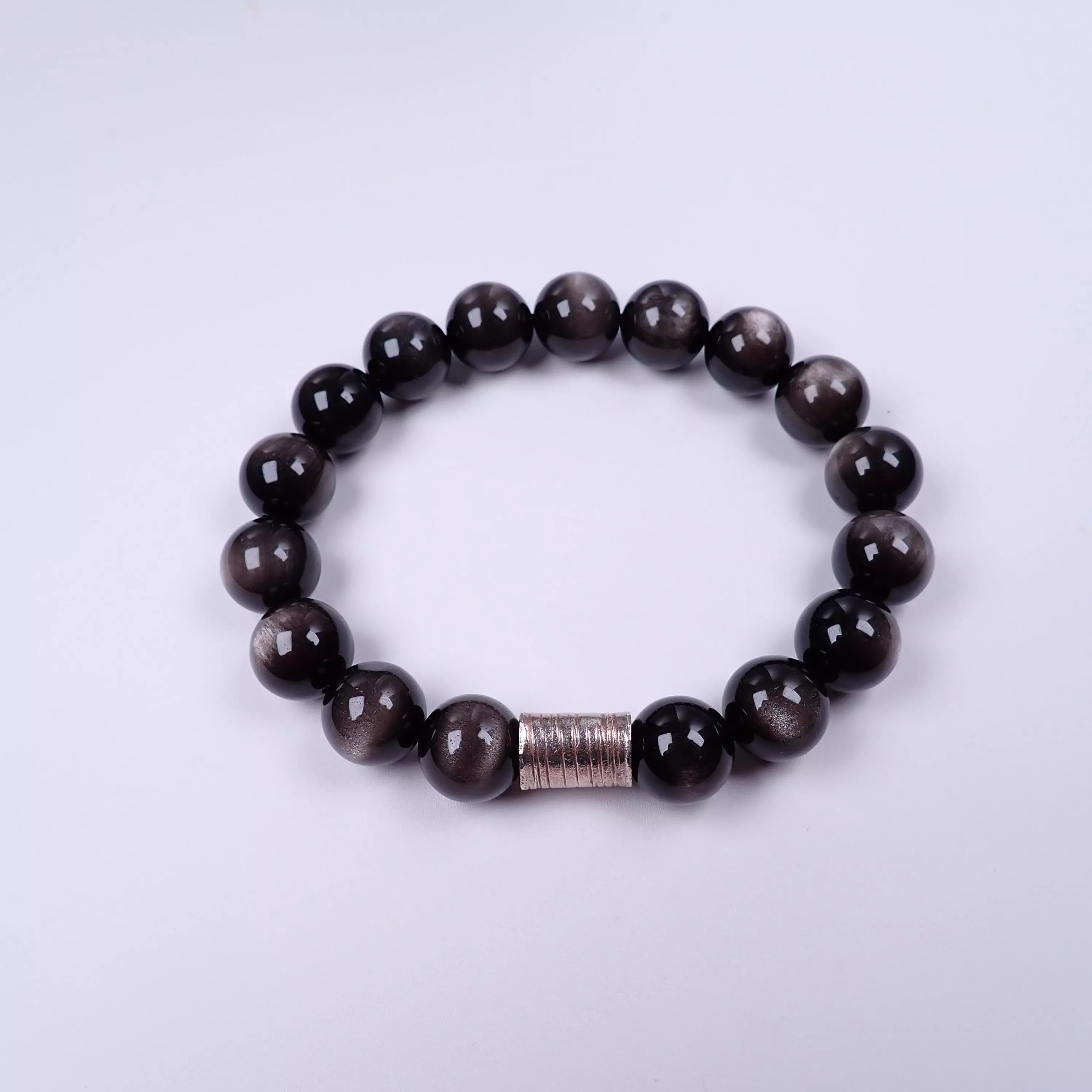 銀沙黑曜石手珠12mm(可選擇銀珠)