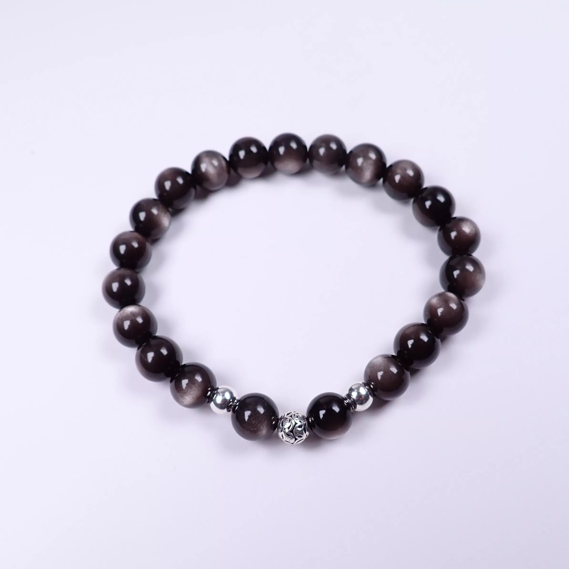 銀沙黑曜石手珠8.5mm(可選擇銀珠)