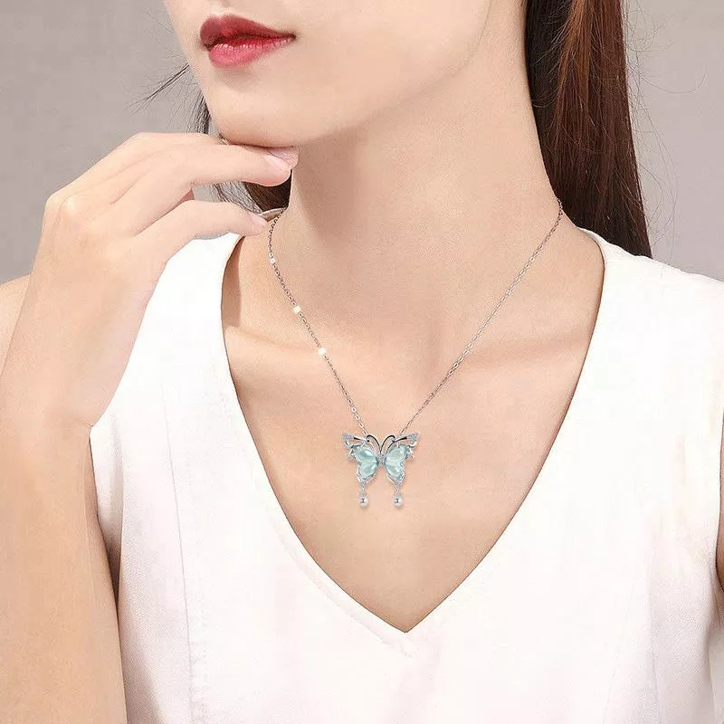 藍水玉蝴蝶純銀吊墜