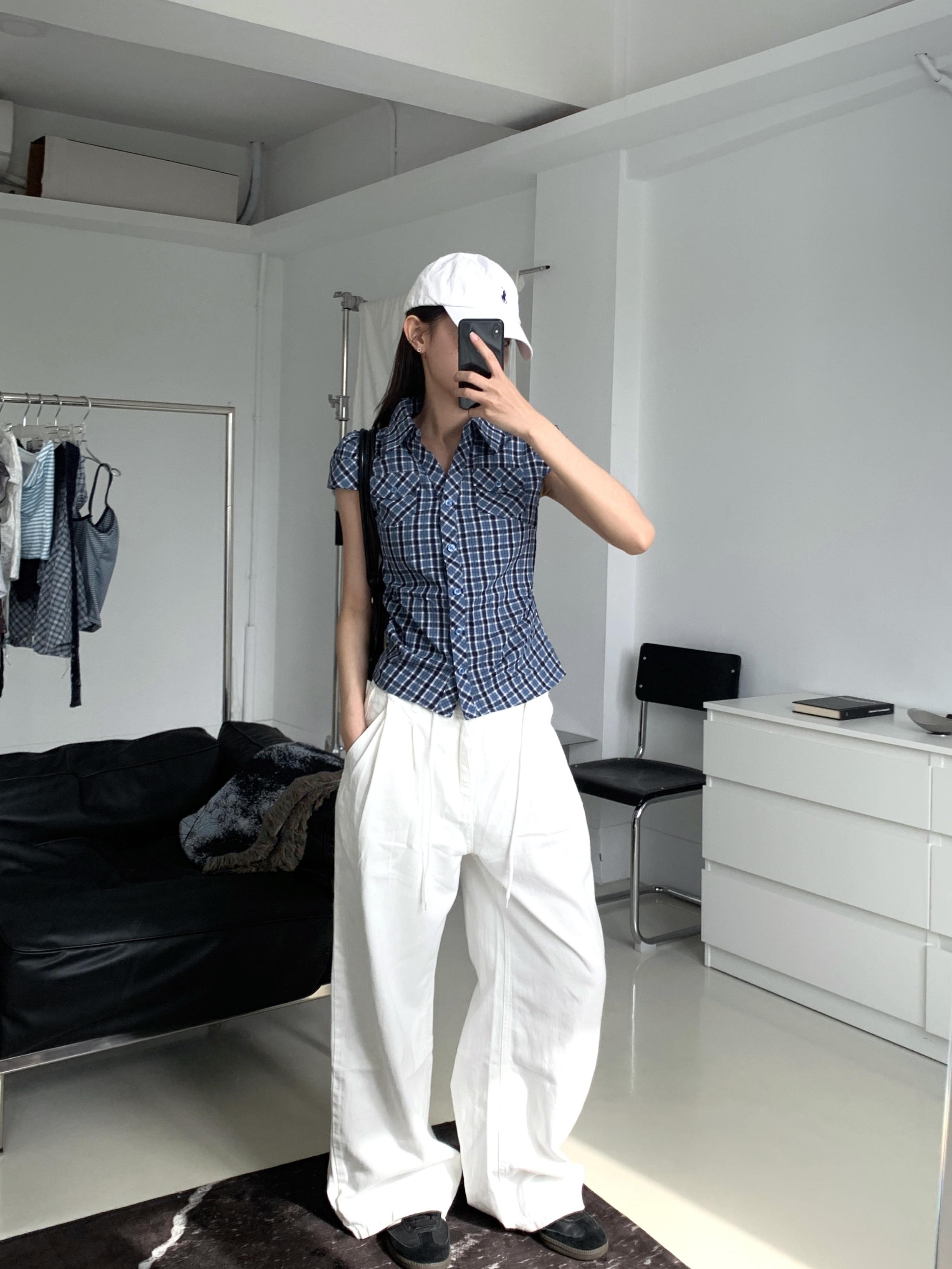 vintage格紋修身短袖襯衫(blue)(F)