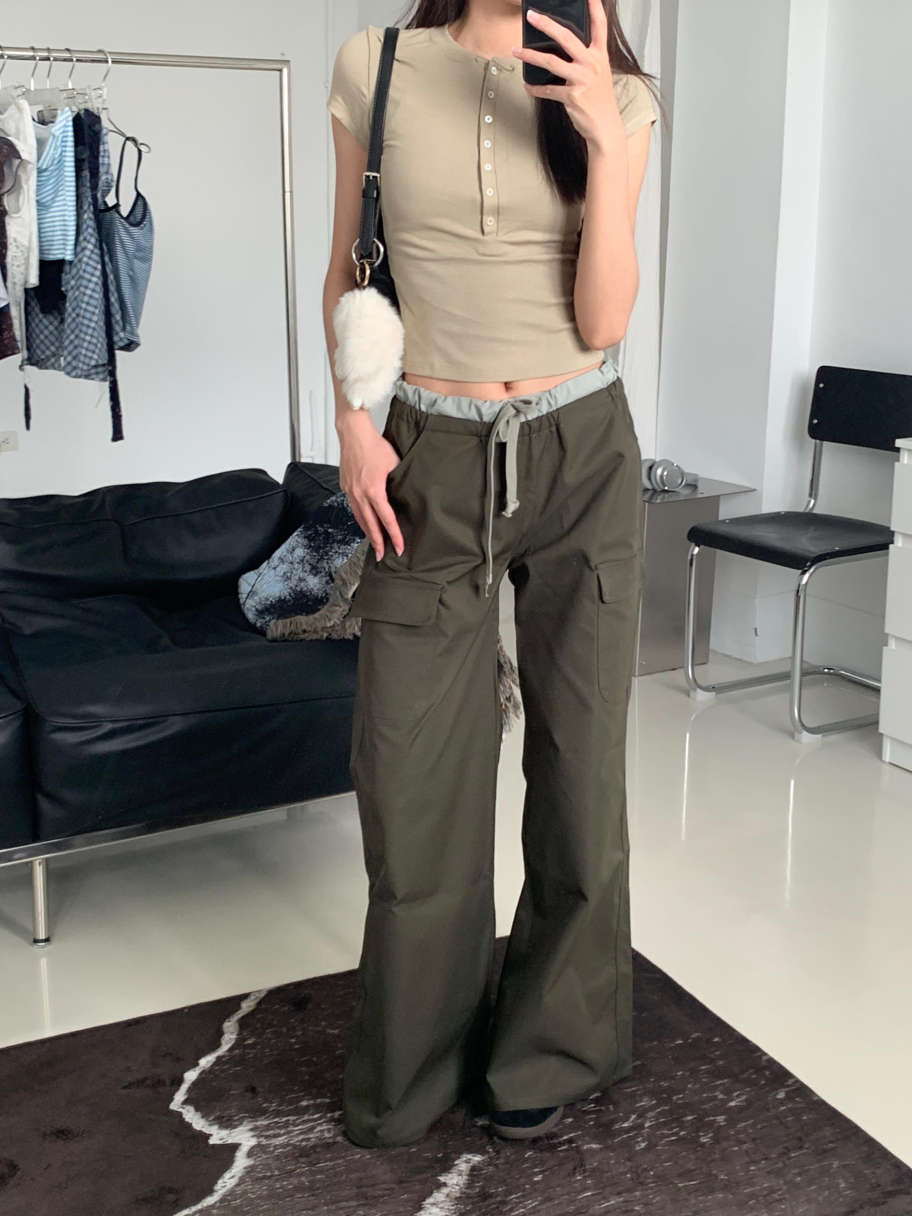 撞色設計感低腰工裝褲(green/khaki)(S/M/L)