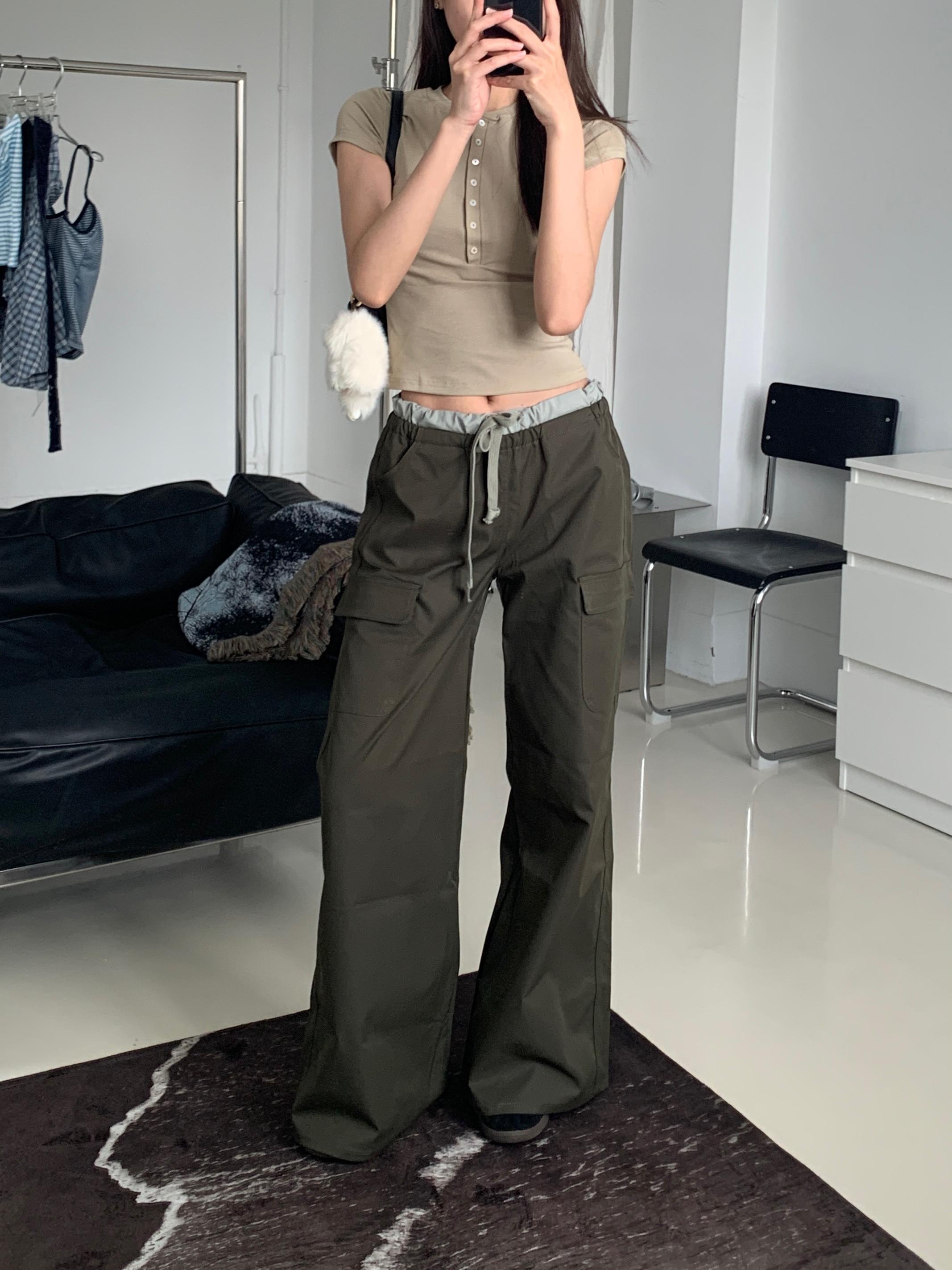 撞色設計感低腰工裝褲(green/khaki)(S/M/L)