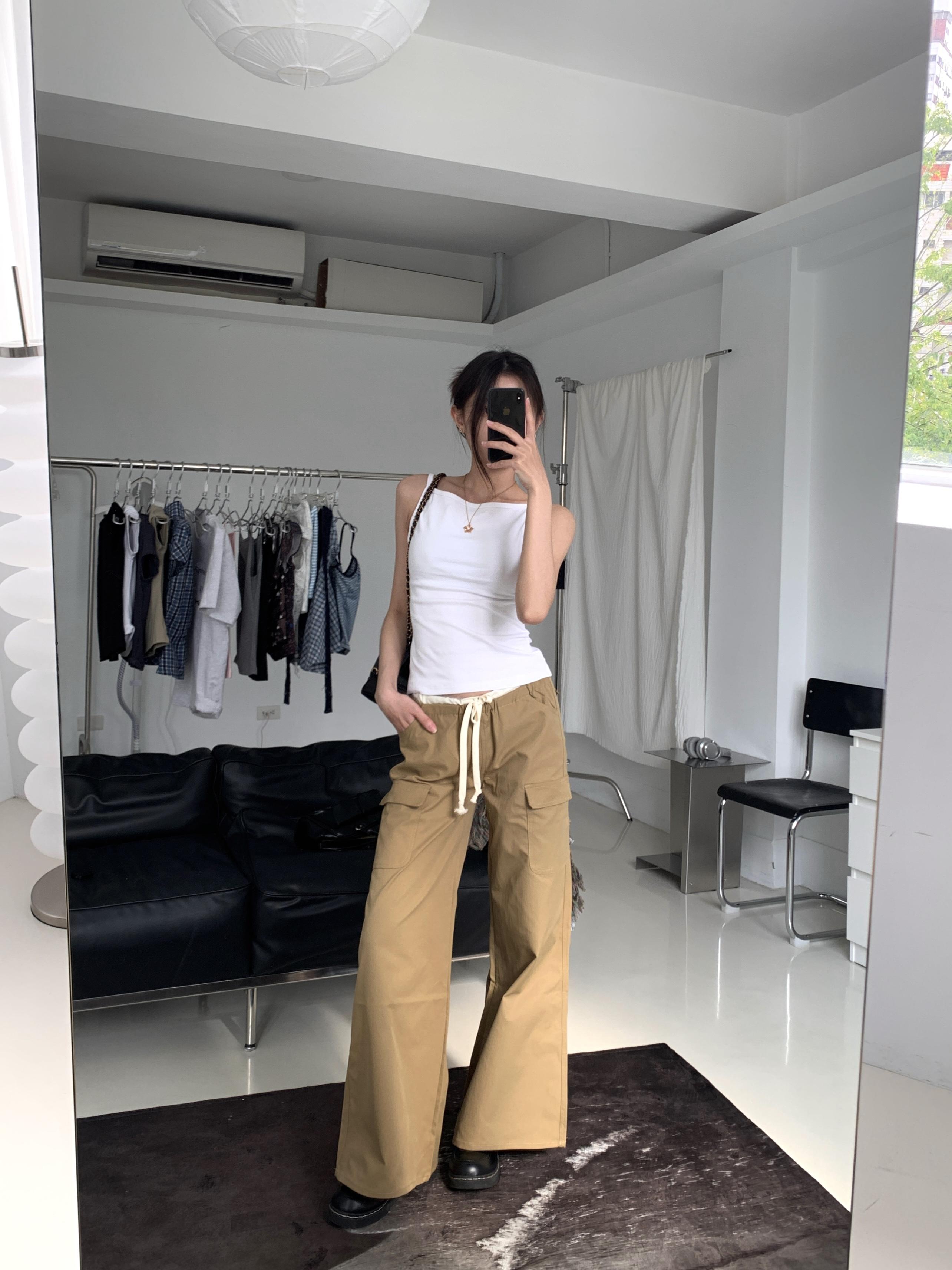 撞色設計感低腰工裝褲(green/khaki)(S/M/L)