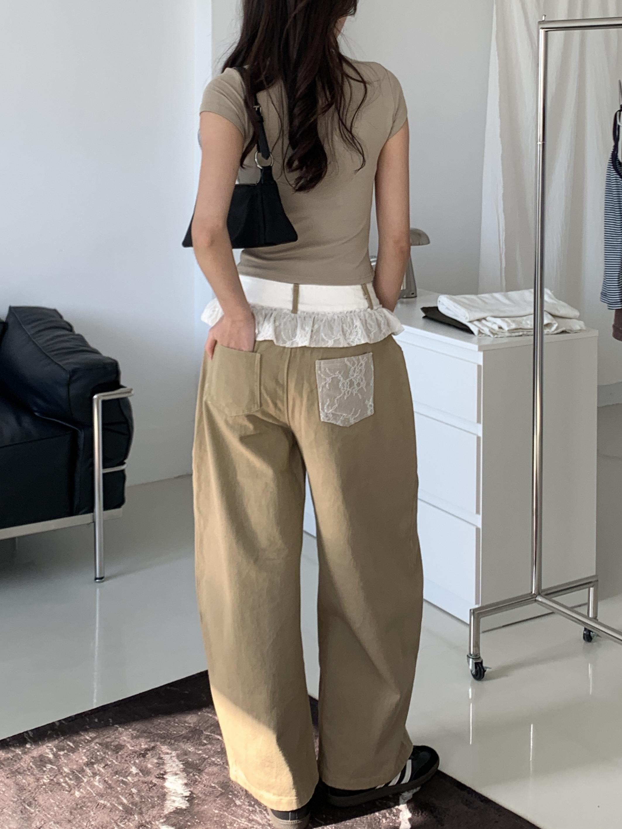 蕾絲花邊拼接牛仔褲(khaki)(S/M/L)