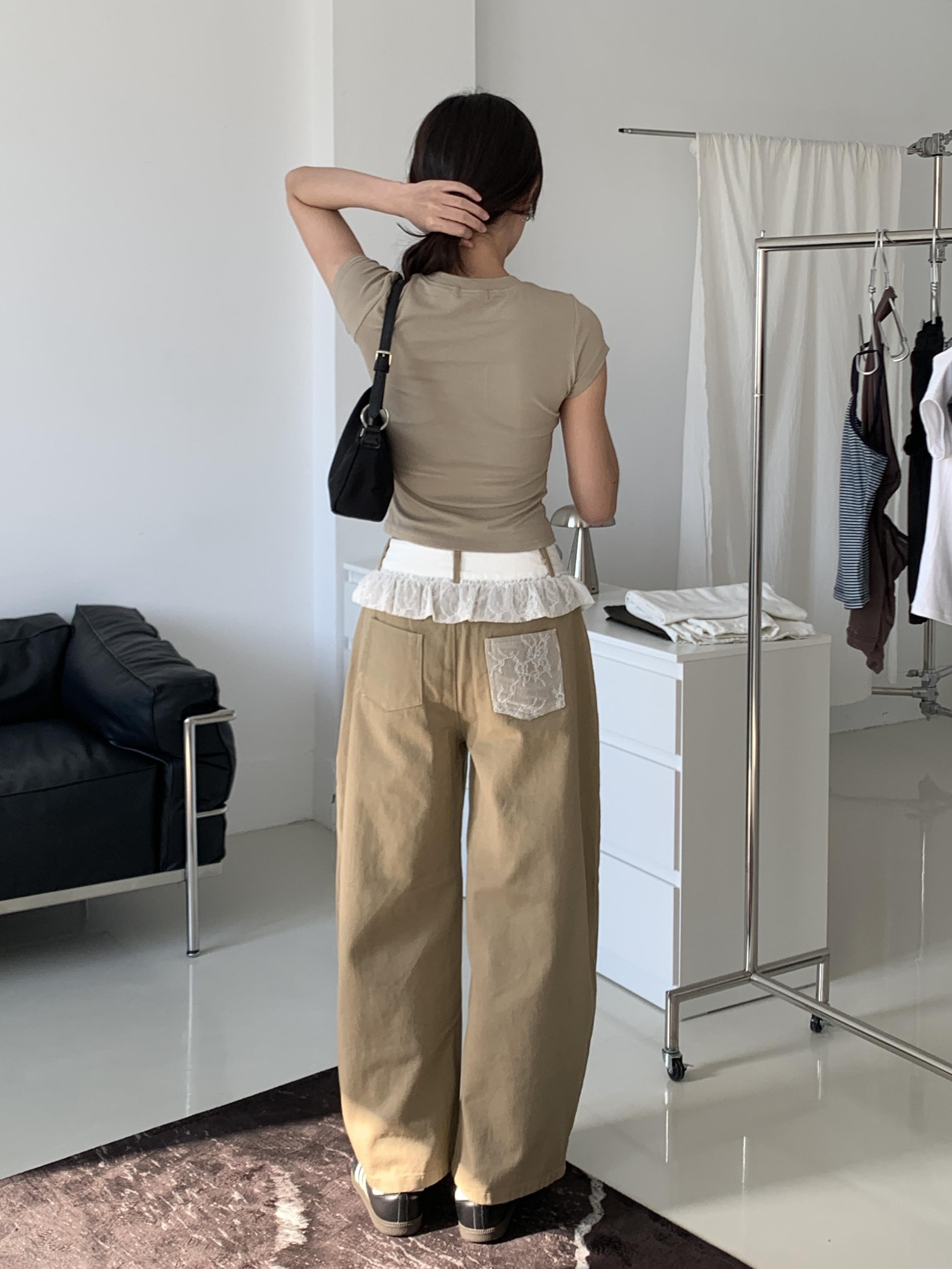 蕾絲花邊拼接牛仔褲(khaki)(S/M/L)