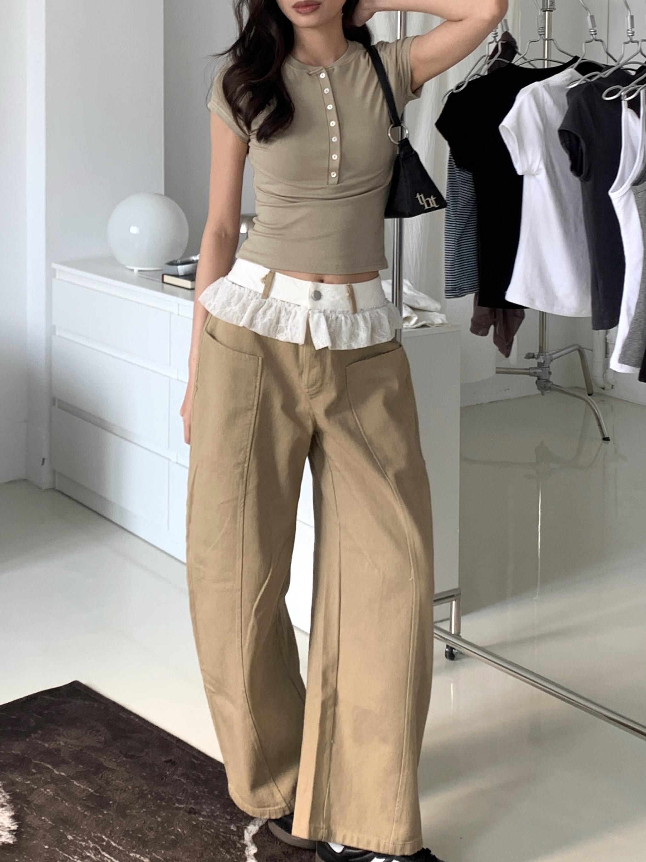 蕾絲花邊拼接牛仔褲(khaki)(S/M/L)